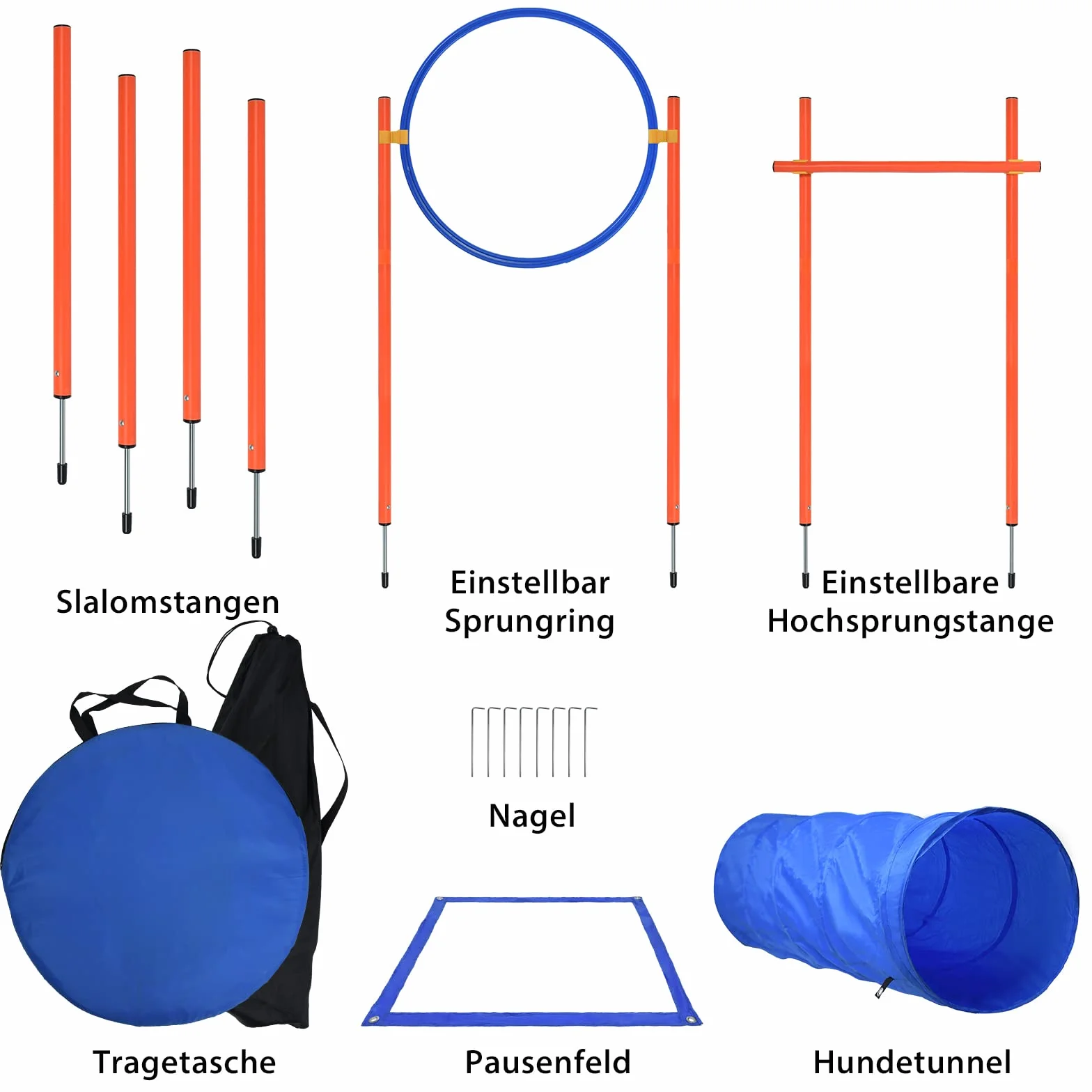 Agility Set de entrenamiento para perros con túnel para perros, obstáculos de altura ajustable, anillo de salto y varillas, juego de entrenamiento para mascotas, incluye bolsa de transporte