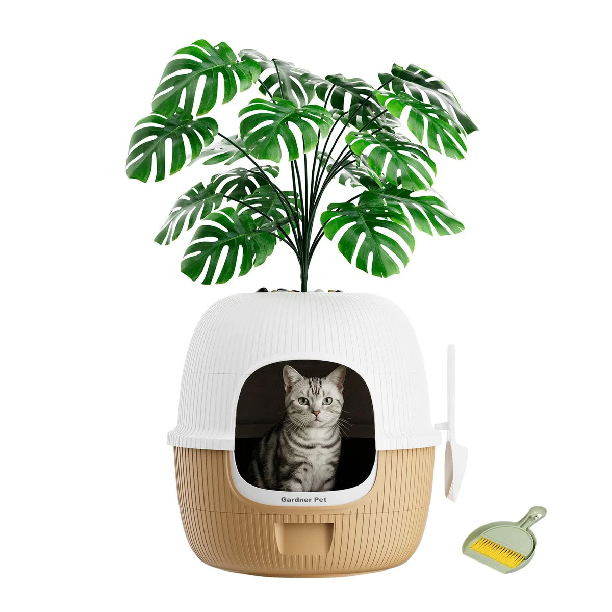 Gardner Pet Arenero Gato con Planta Artificial y Pala-Café Claro | Incluye Filtro de Carbón Activado Anti-Olores, Fácil de Rellenar, Limpiar y Mantener, Diseño a Prueba de Fugas