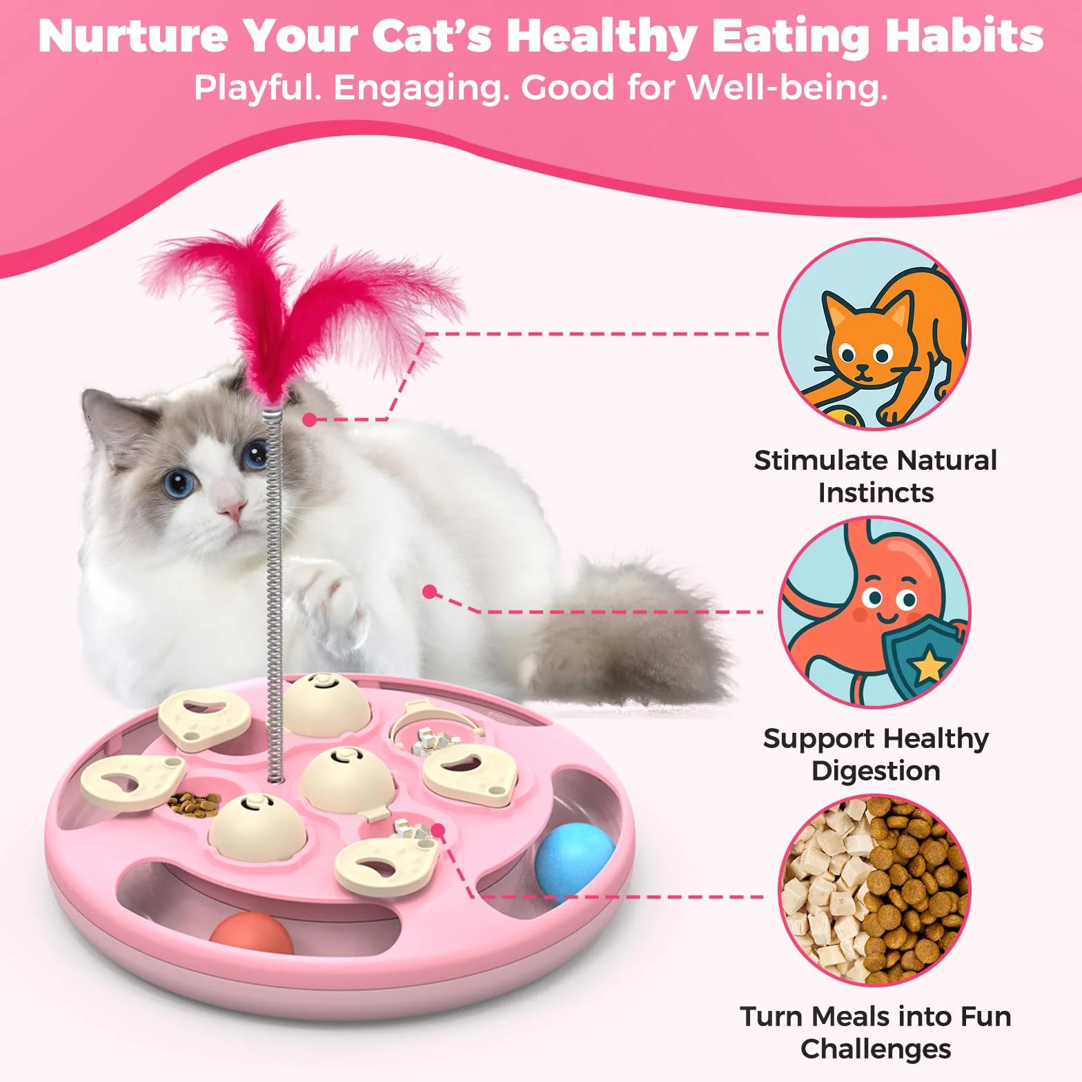 Juguetes y juegos de rompecabezas para gatos, nivel 3 en 1 con bolas de seguimiento, juguete de plumas y alimentador de golosinas, base antideslizante, par de enriquecimiento de estimulación