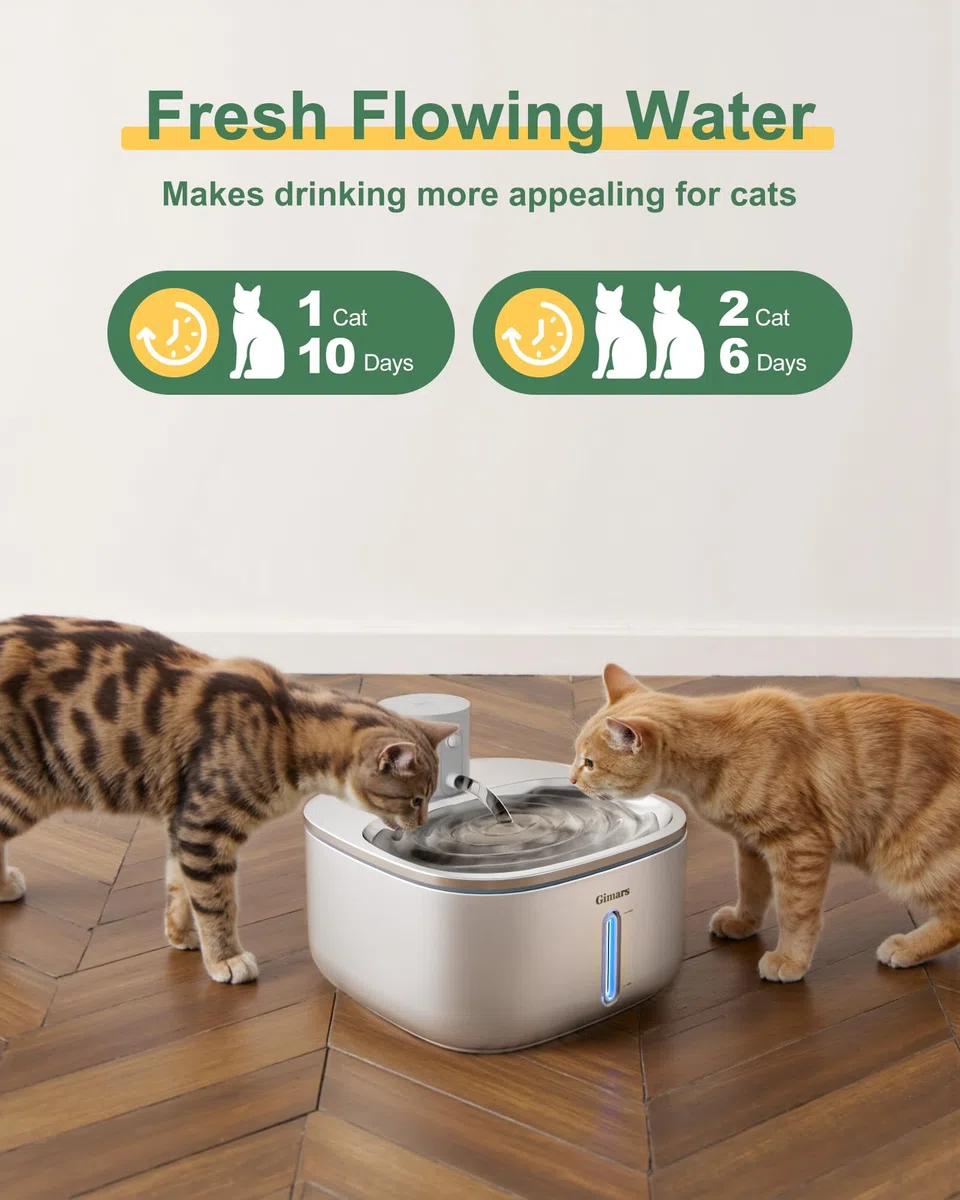 Gimars Fuente para Gatos sin Cable Inoxidable: 3.2L/5000 mAh, Bebedero Gatos con Sensor de Movimiento, Automático Dispensador de Agua Inalámbrico con Batería Recargable, Bomba Ultra Silenciosa