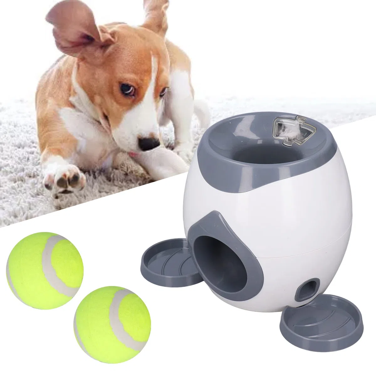 FOUF Lanzador Automático de Pelotas, Lanzador Interactivo para Perros, Máquina de Lanzamiento de Pelotas de Tenis con 2 Bandejas de Comida para Perros Pequeños a Grandes, 2 Pelotas Incluidas