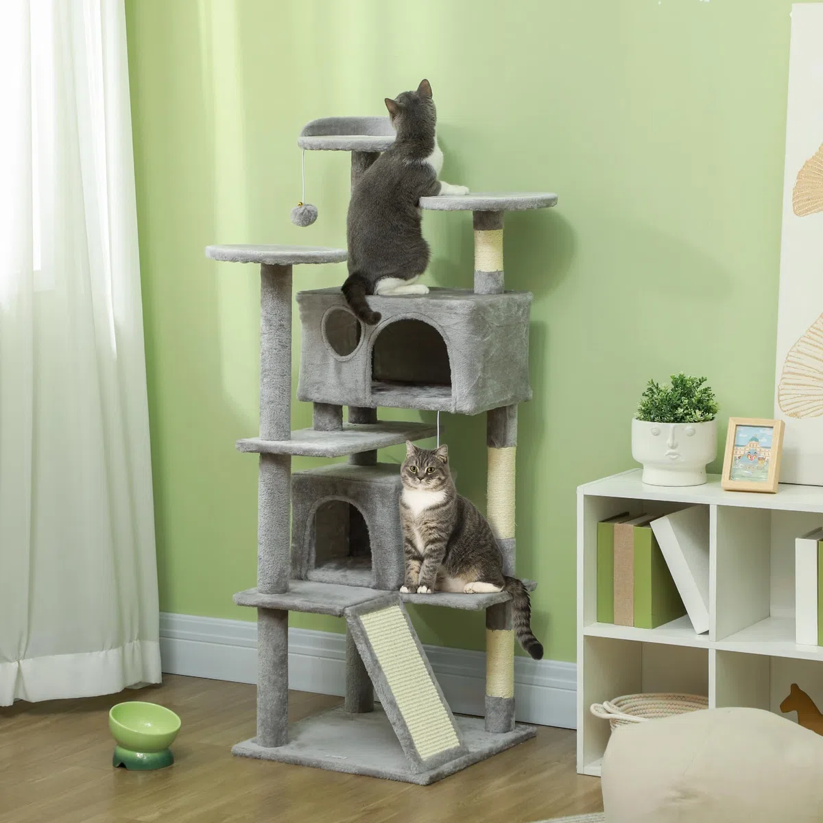 PawHut Rascador para Gatos Altura 138 cm con Postes de Sisal Gris Claro | Árbol para Gatos, Torre de Escalada, Plataformas, Cuevas, Bolas Colgantes, Hamacas