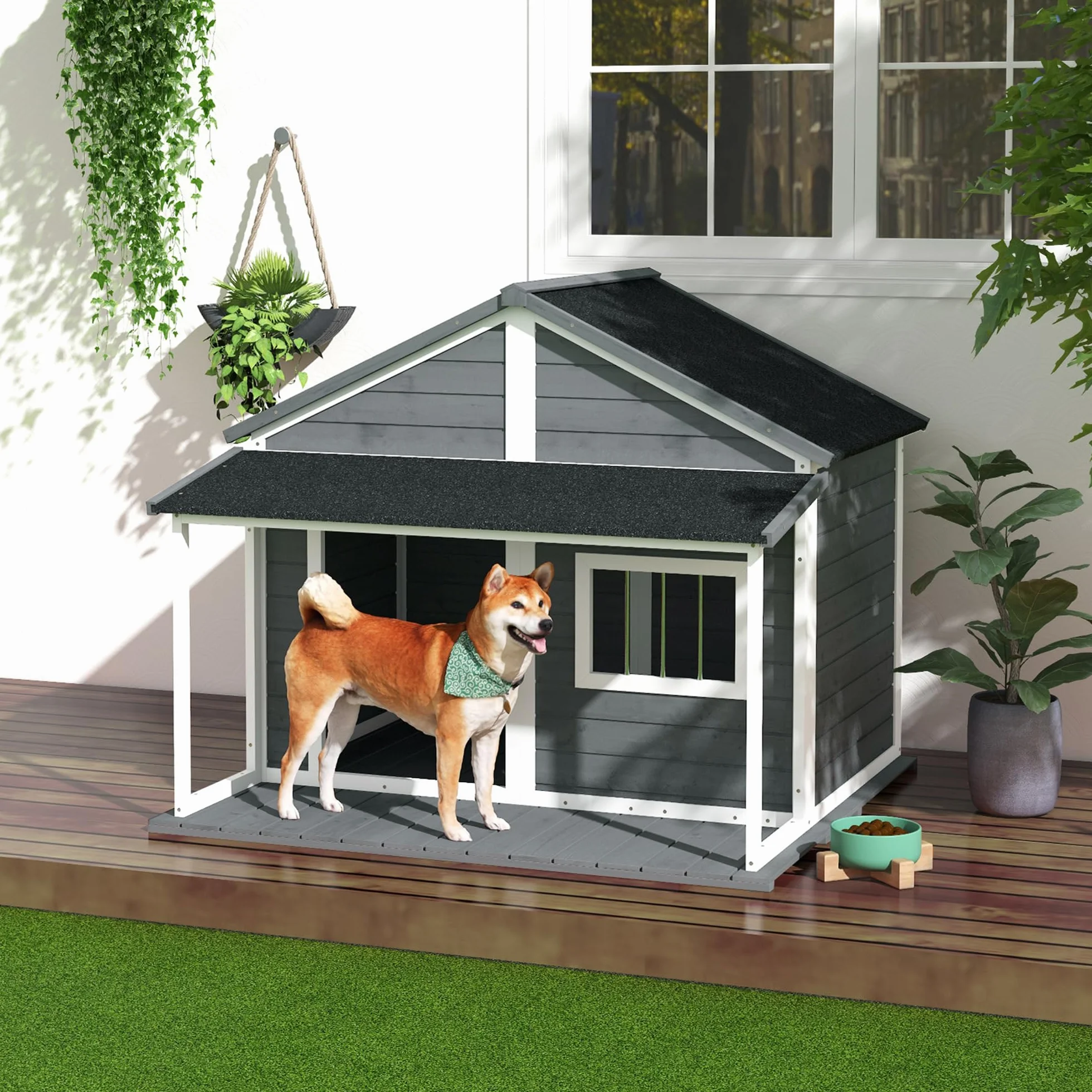 PawHut caseta de Madera para Perros de Exterior, caseta para Perros medianos y pequeños con terraza, Ventana y Techo Impermeable, 124x112x105cm, Gris | Techo de betún, caseta para perros de madera maciza, ventana, terraza