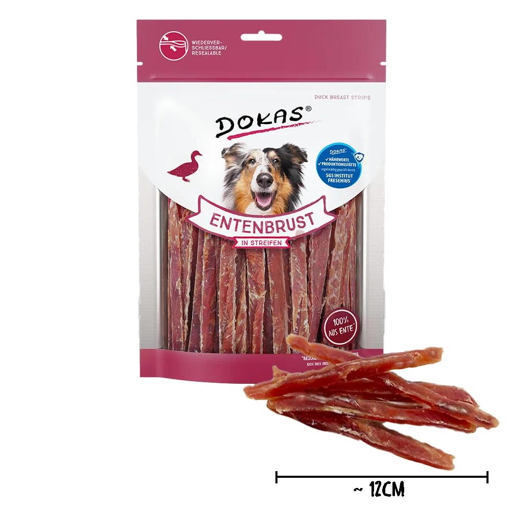 DOKAS Snack Premium sin Cereales en Tiras para Perros – de Filete de Pecho de Pato, 8 unidades