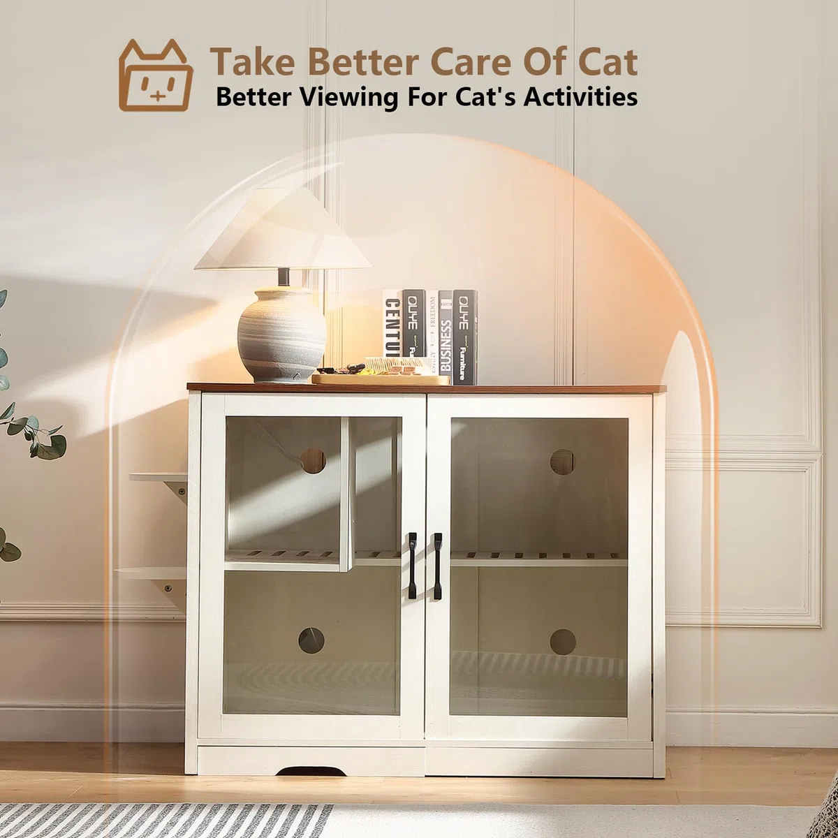 FOREST GRAVITY Mueble Arenero Step Cat Litter Box Cabinet para Gato para Moderno 125.5 * 83 * 60 cm Casa para con Puerta y Tabique Separador Blanco Antiguo