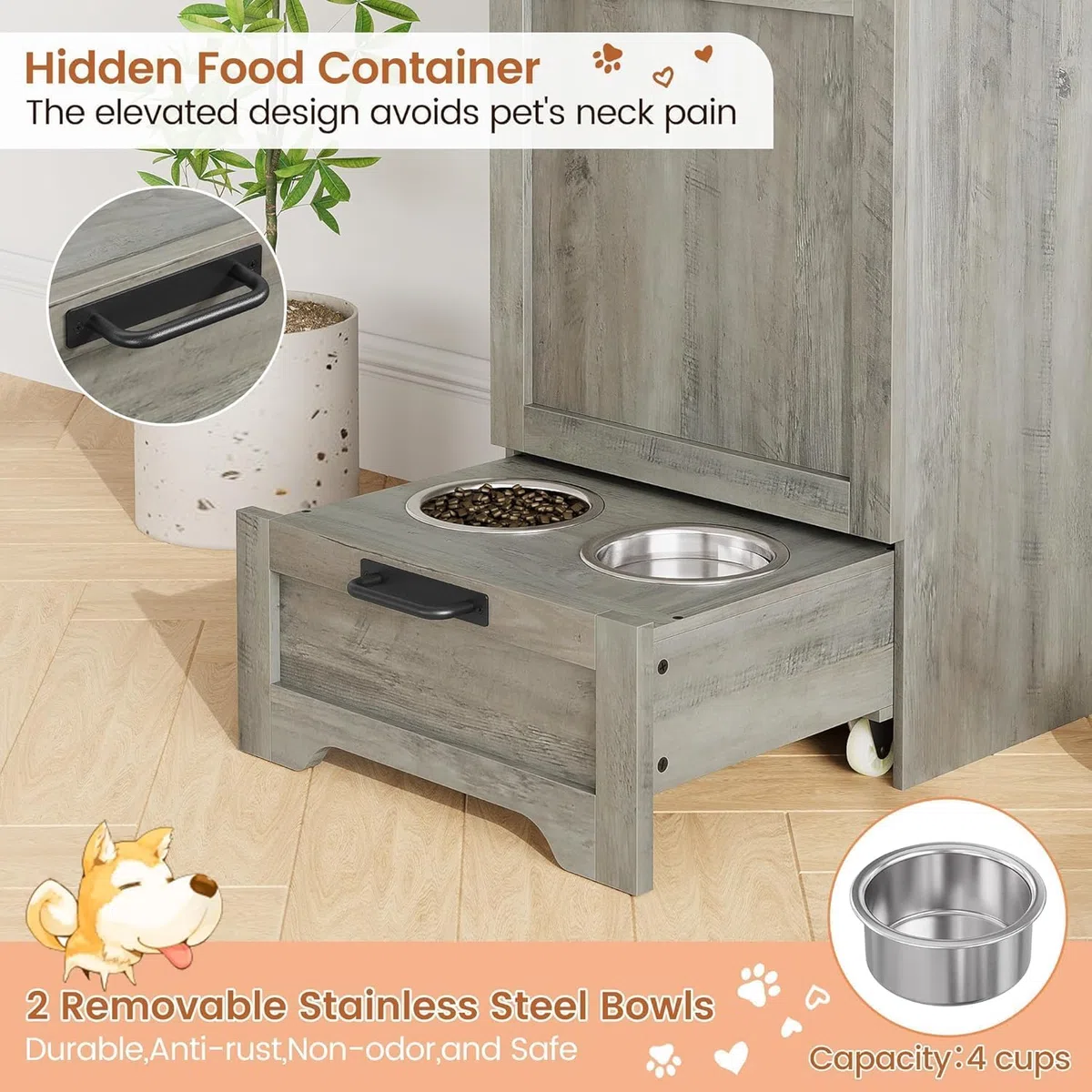 IDEALHOUSE Estación De Alimentación para Perros con Armario De Almacenamiento 11kg - Cuencos Elevados De Acero Inoxidable y Depósito Hermético con Tapa Abatible - Madera para Salón o Cocina (Gris)