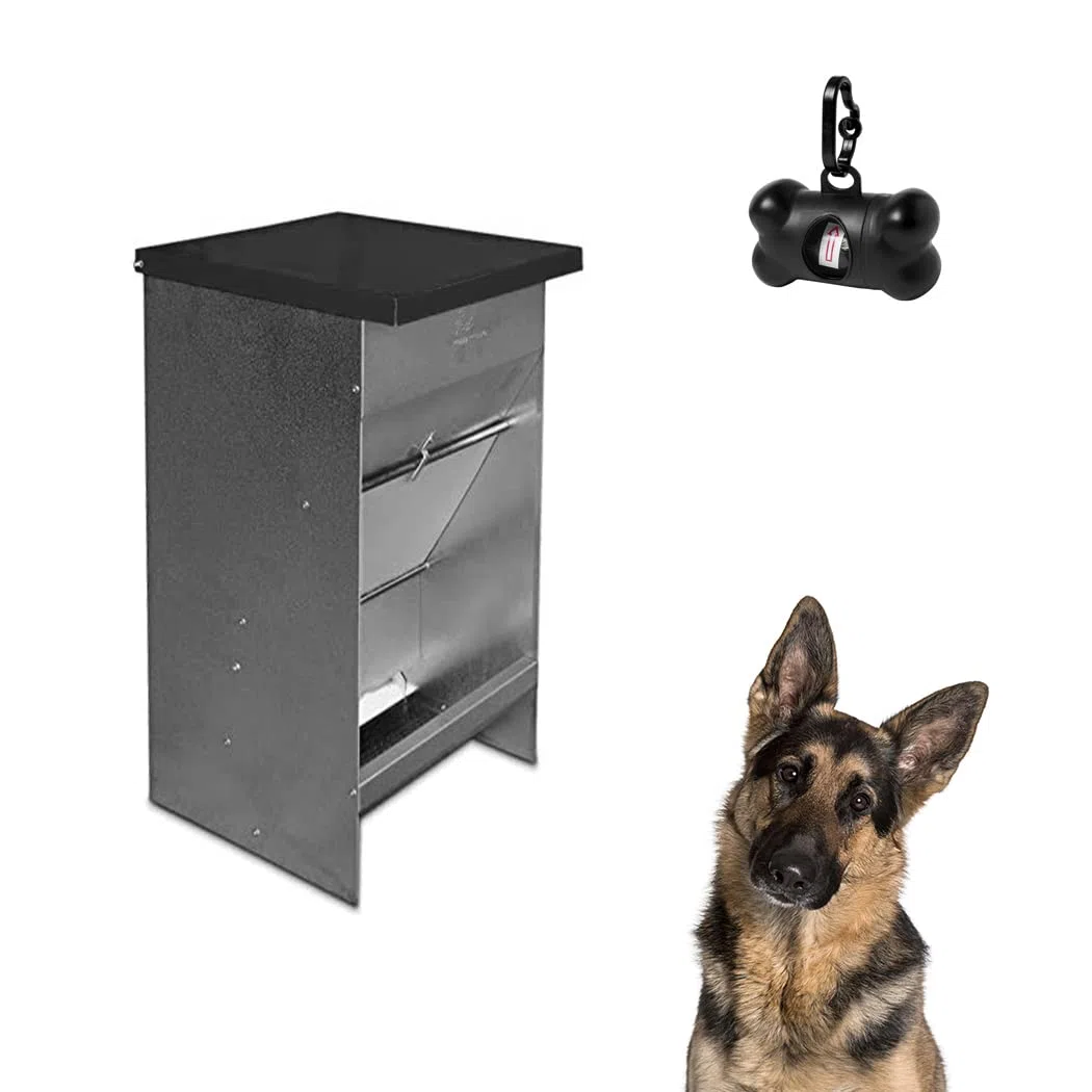 Comedero para Perros ( capacidad 42L / 30,2kg aprox.) - Tolva para Perros Galvanizada Premium - Con Tapa Para Mantener el Pienso Protegido de Ratones y Pájaros - Incluye expendedor de bolsitas