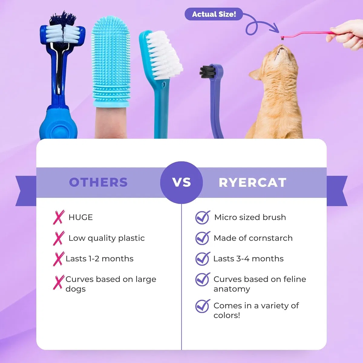 RYERCAT Juego de 5 cepillos de dientes de doble cara para gatos, cepillo de dientes con microcabeza (muy pequeño) para un ajuste personalizado, suministros de cuidado dental para gatos, cepillo de