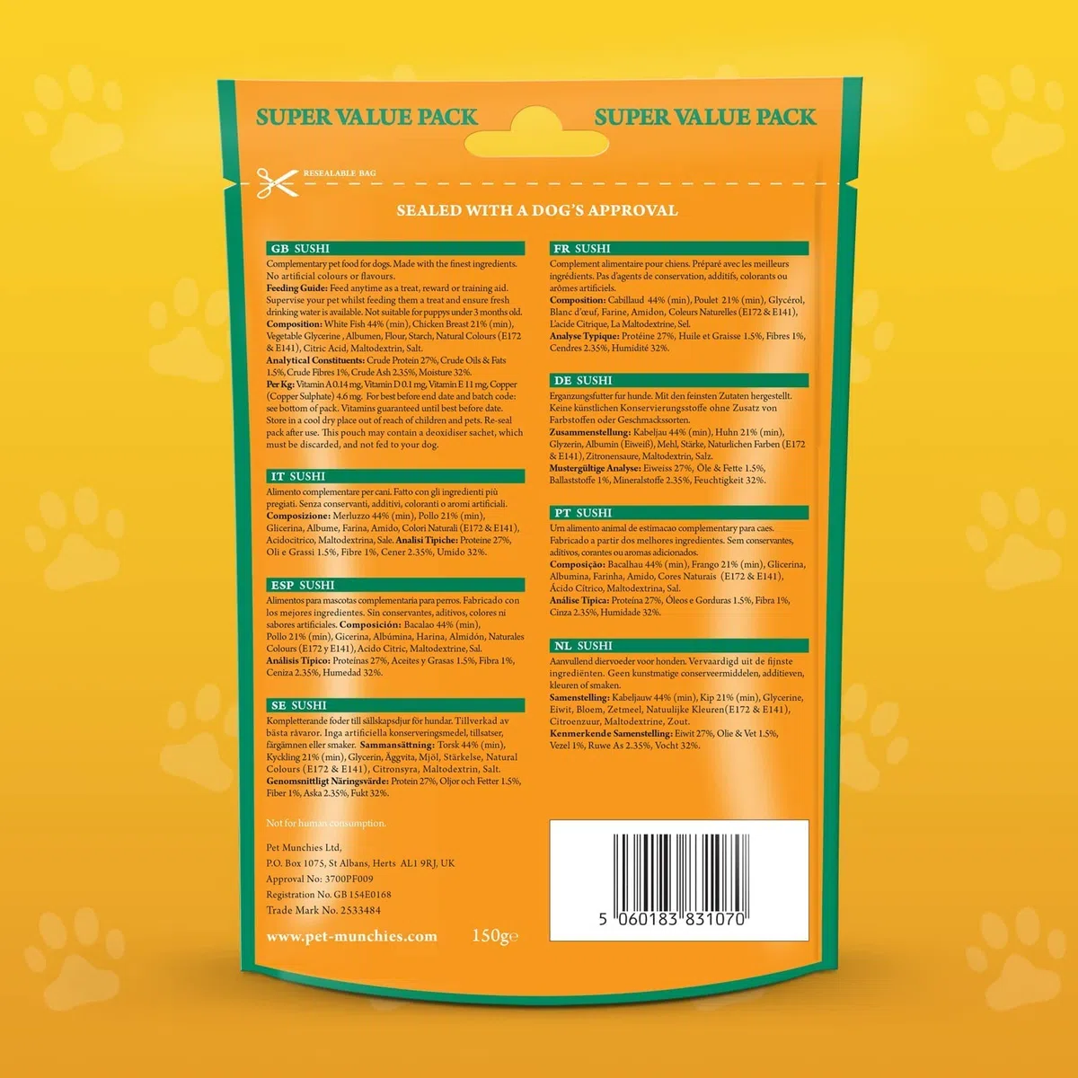 Pet Munchies - Snacks de adiestramiento para perros (8 Paquetes) (8 x 150g) (Sushi)