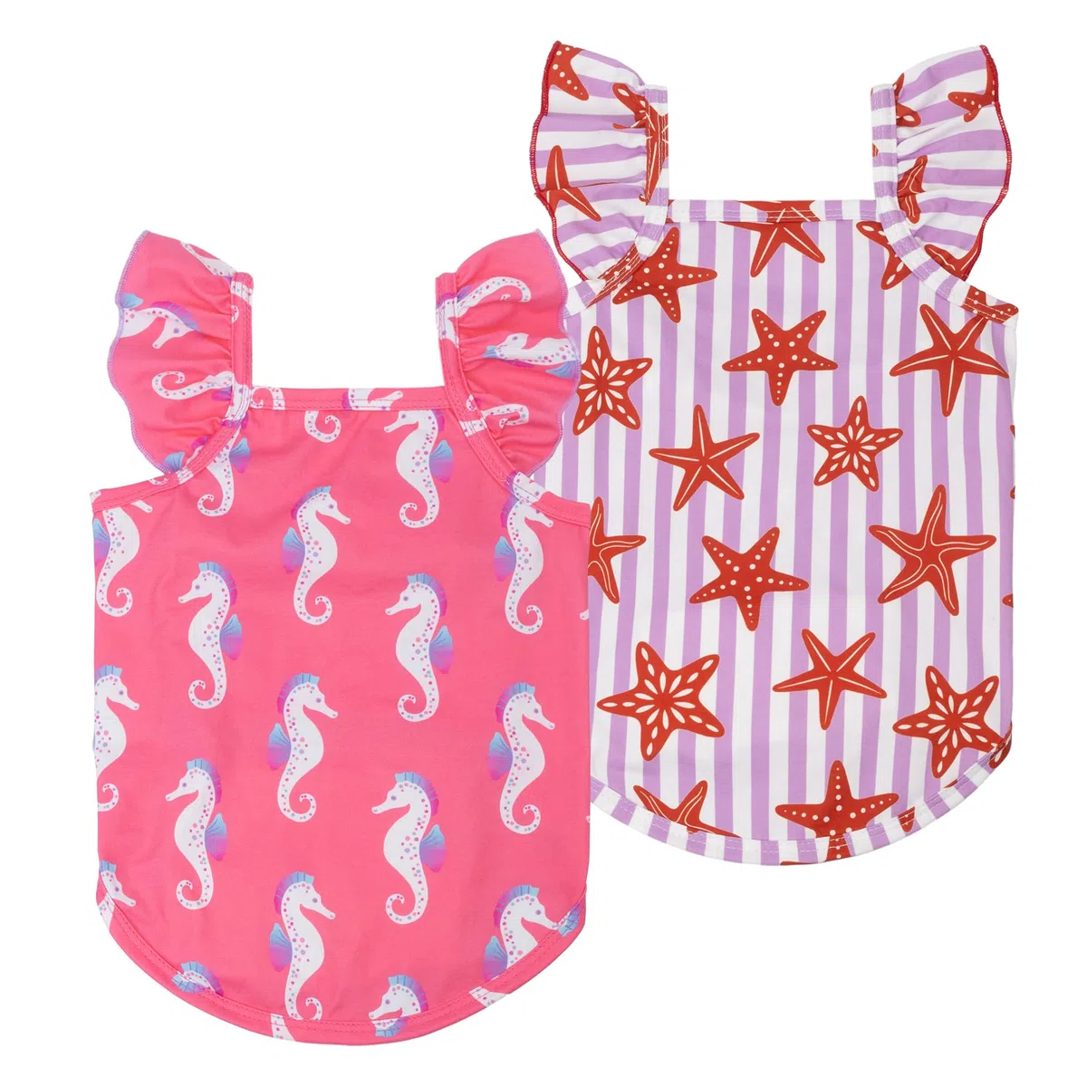 Fitwarm Paquete de 2 camisas de perro con volantes de caballito de mar y estrella de mar, ropa tropical de verano para perros pequeños, camiseta hawaiana para mascotas, rosa, morado, XXL