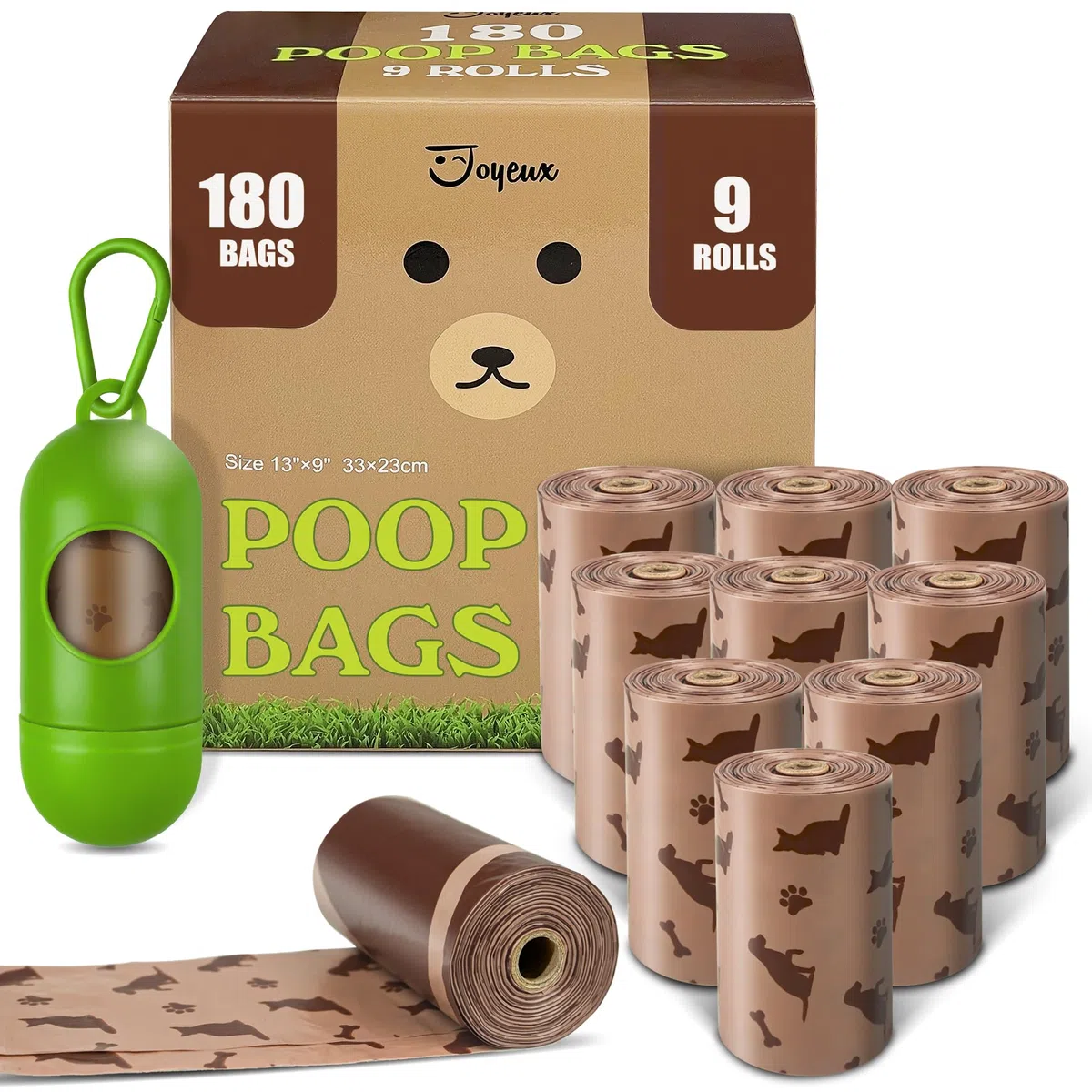 Rollos de bolsas para excrementos de perro con dispensador, 180 unidades a prueba de fugas, bolsa grande para excrementos, bolsas de basura extra gruesas para perros, sin perfume, soporte para bolsas