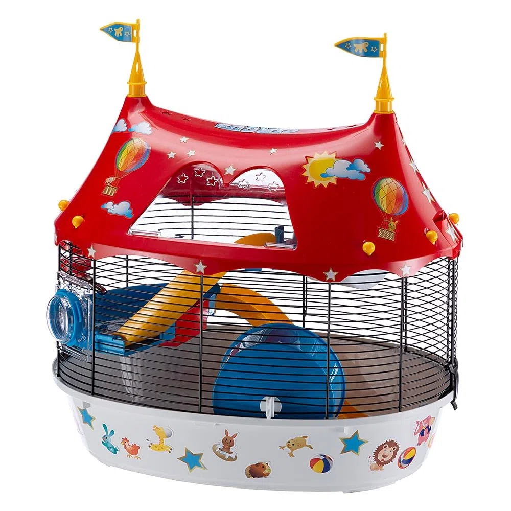 Ferplast Jaula de Tres Pisos para hámsteres Circus Fun, Ratones y pequeños roedores, Plástico Robusto y Metal, Coloridos Adhesivos y Accesorios incluidos 49,5 x 34 x h 42,5 cm Negro