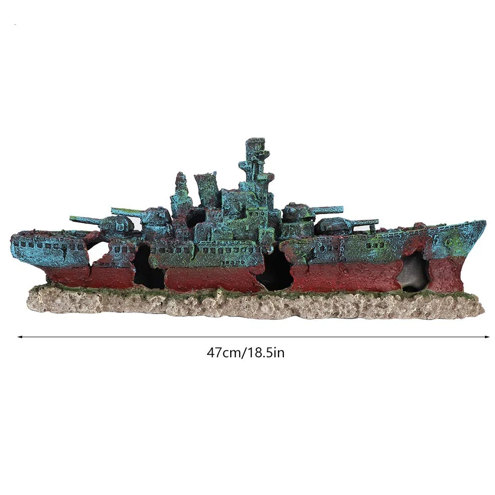 Barco de naufragio de Resina, Acorazado hundido, Barco de Guerra, pecera, Adorno de Acuario, decoración de Cueva, Modelo de Barco de naufragio de simulación con múltiples Agujeros