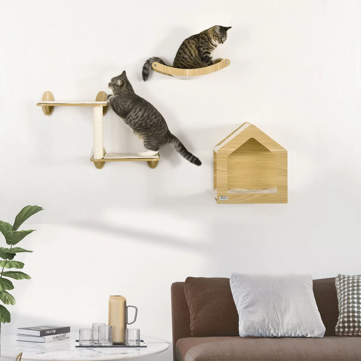 PawHut Estantes para Gatos de Pared 3 Piezas con Caseta y Hamaca Roble | Juego de Estantes Escalada para Gatos, Plataformas, Poste de Sisal