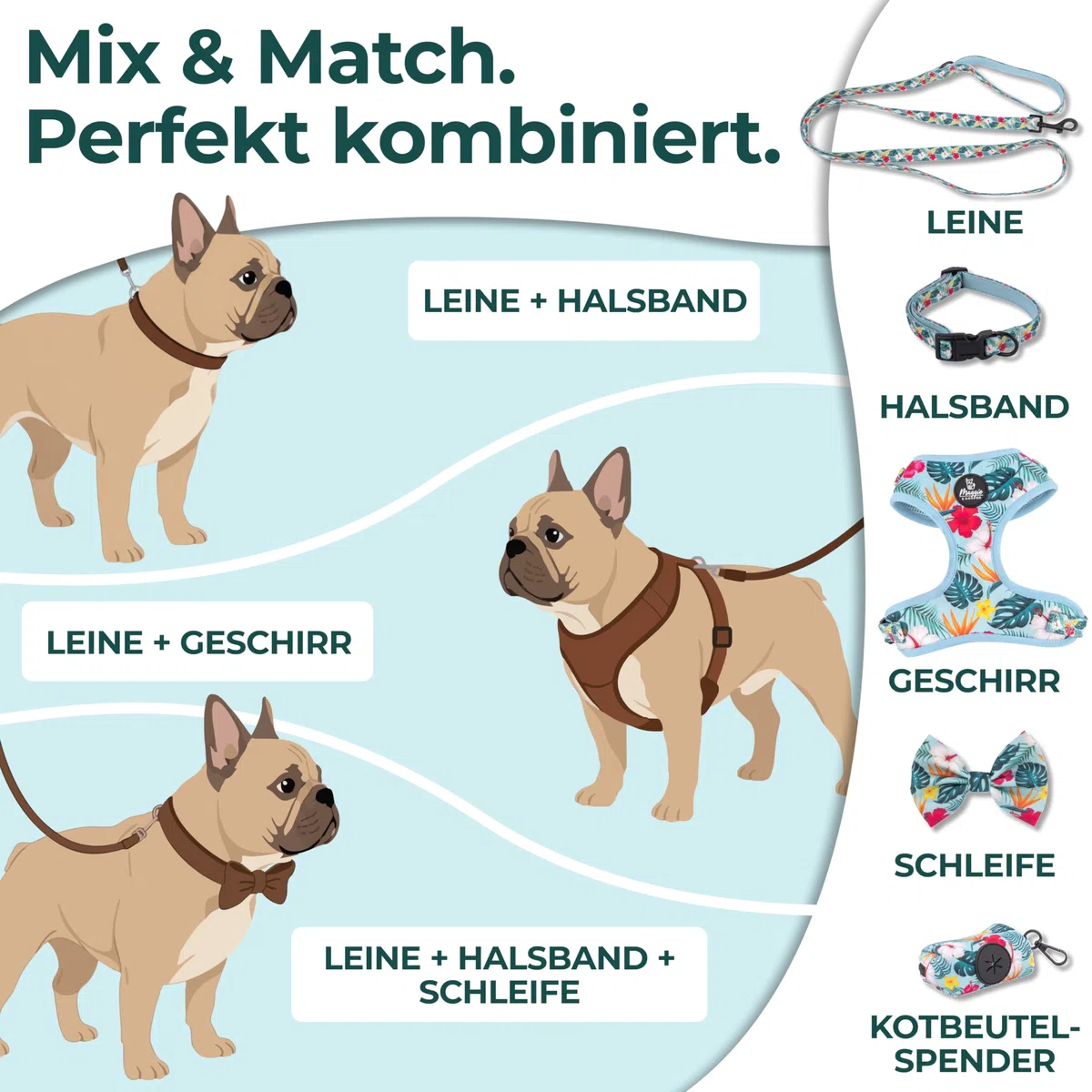 MAGGIE & COOPER Juego de correas para perros – Diseño Hawaii – 5 piezas: collar, arnés, correa, lazo, dispensador de bolsas de excrementos – 4 tamaños – Caja de regalo (L)