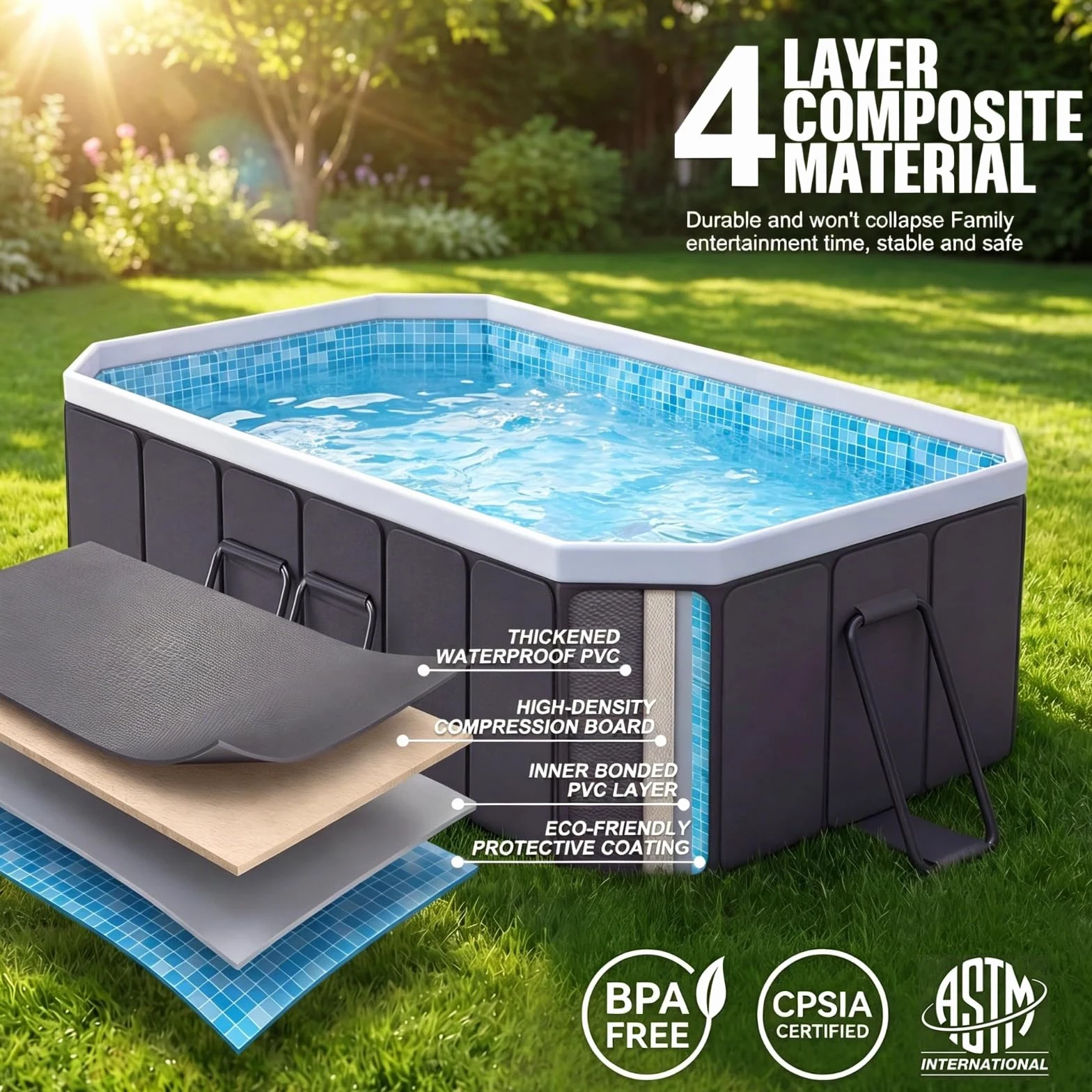Piscina grande para perros grandes, tamaño exterior 200 x 135 x 50 cm, piscina plegable de lado duro con marco de acero, piscina no inflable para mascotas, fácil drenaje, puerto de filtro, gris