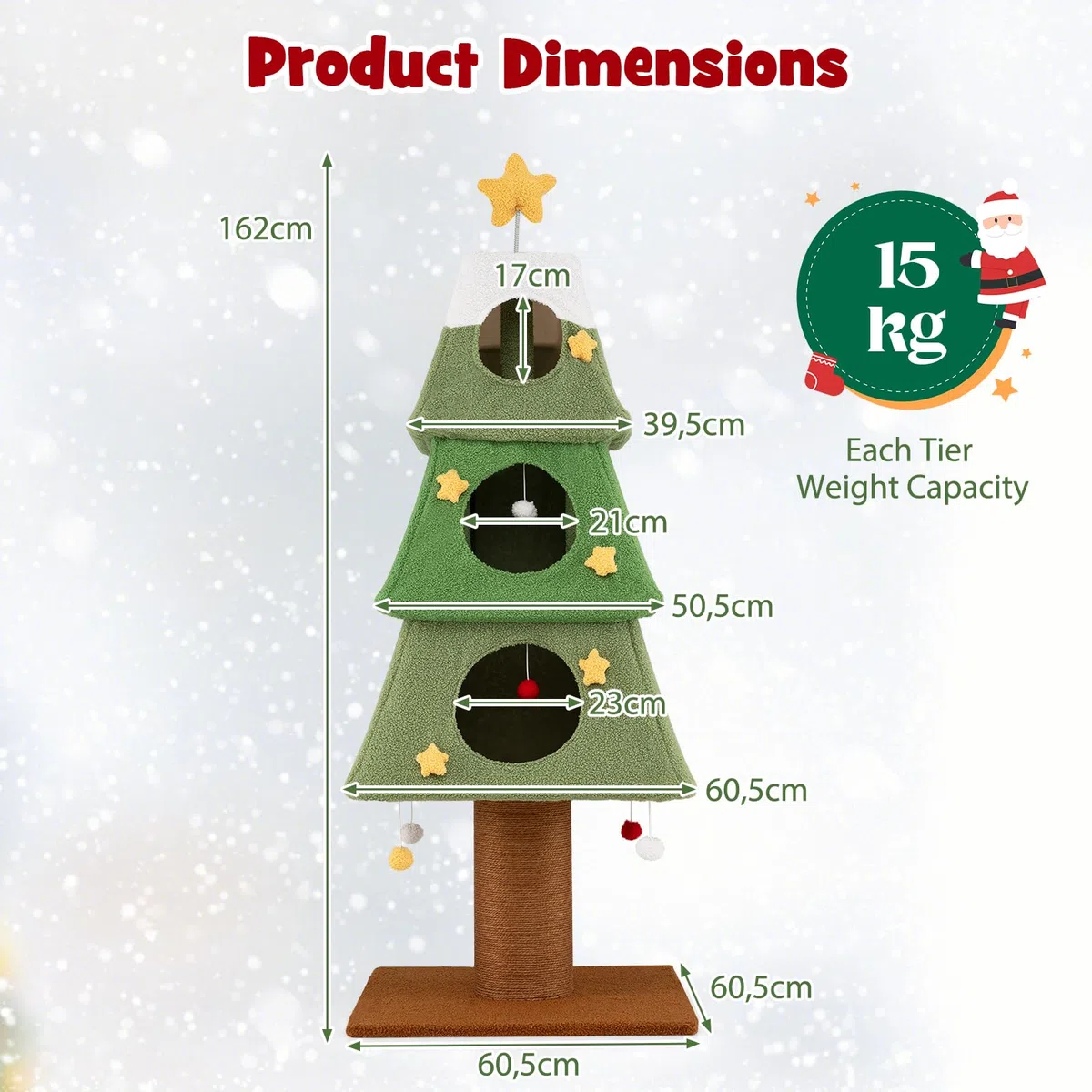 SOARS Árbol rascador de Navidad, 162 cm, con 3 cuevas, columna rascadora, tronco de 19 cm de grosor, bolas colgantes, árbol de Navidad, árbol de Navidad para gatos