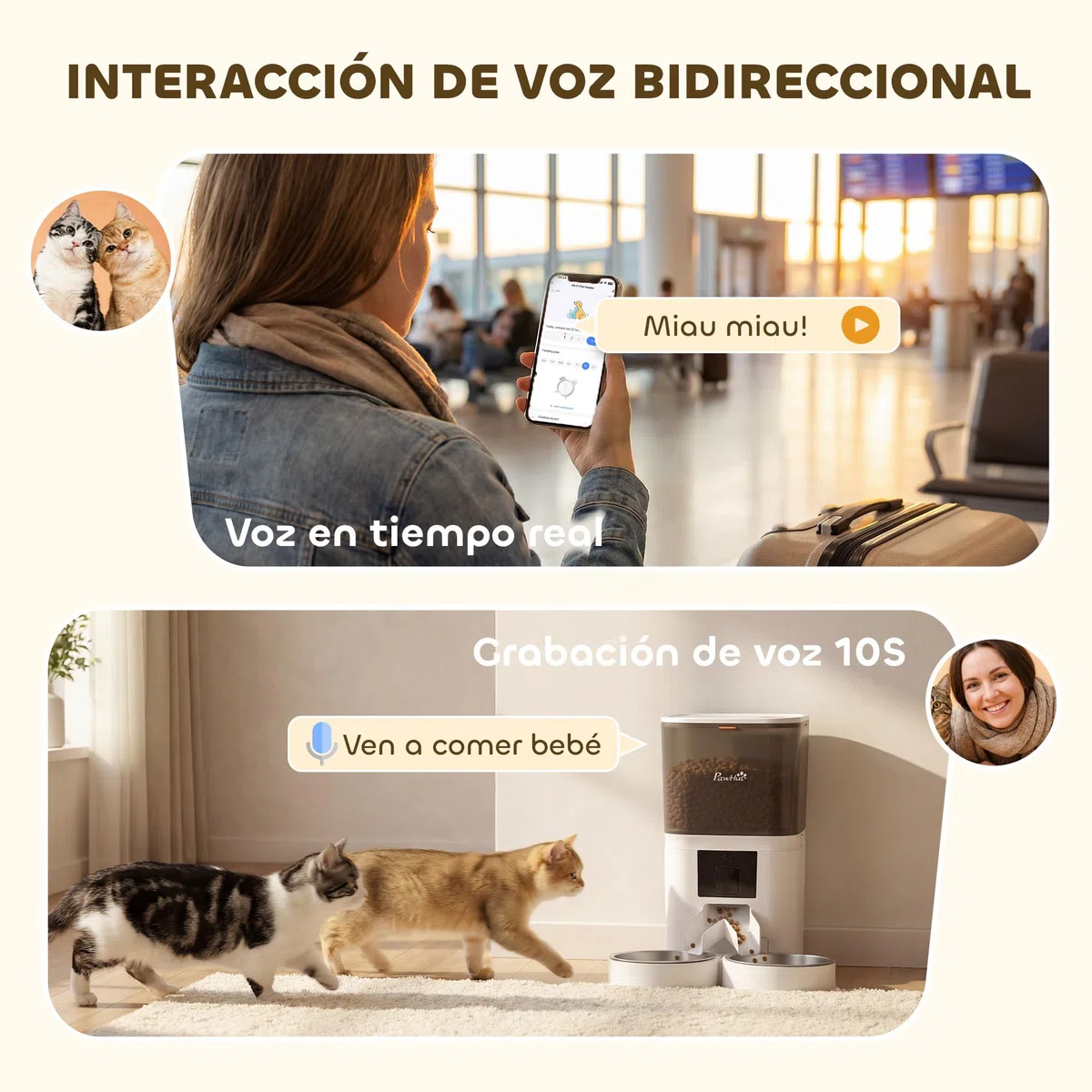 PawHut Comedero Automático 6L WiFi 2.4G Control App para Gatos y Perros | Dispensador de Comida, 2 Cuencos, 1-10 Comidas al Día, Grabadora Voz 10s, 2 Fuentes de Alimentación, Fácil de Limpiar