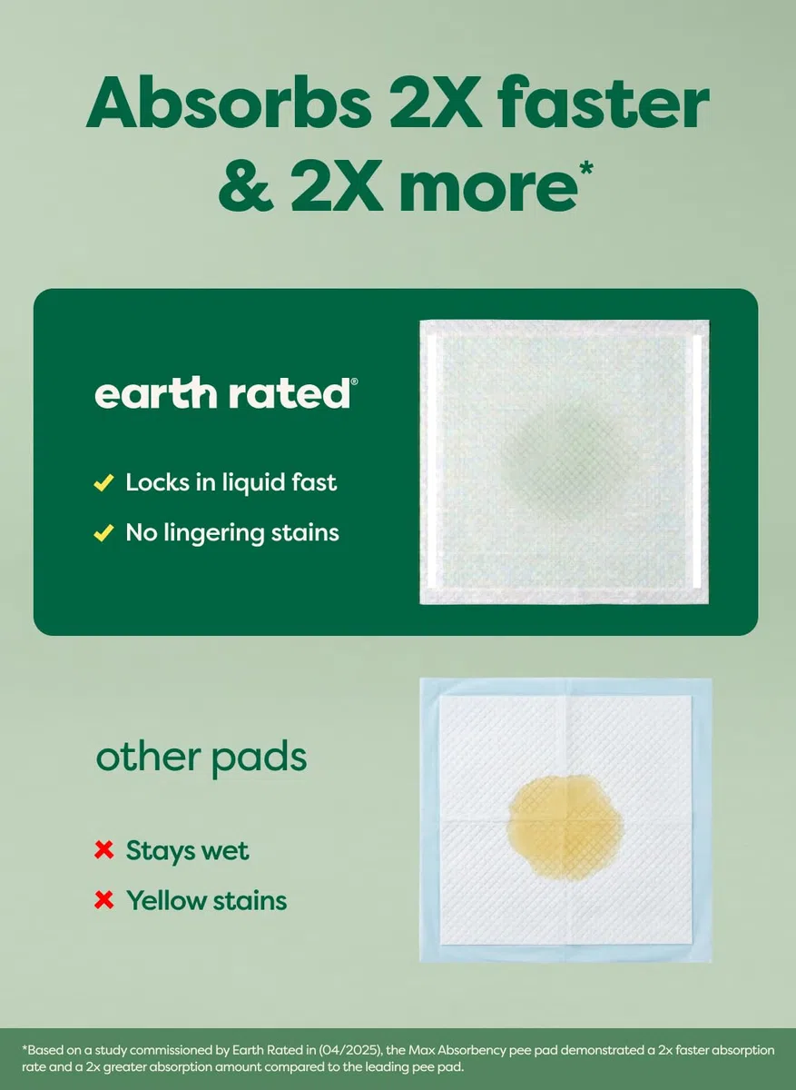 Earth Rated Max Absorbency - Almohadillas para orina de cachorros para perros absorben 2 veces más rápido y 2 veces más, a prueba de fugas, control de olores, sin perfume, grande, 22 x 23 pulgadas, 40