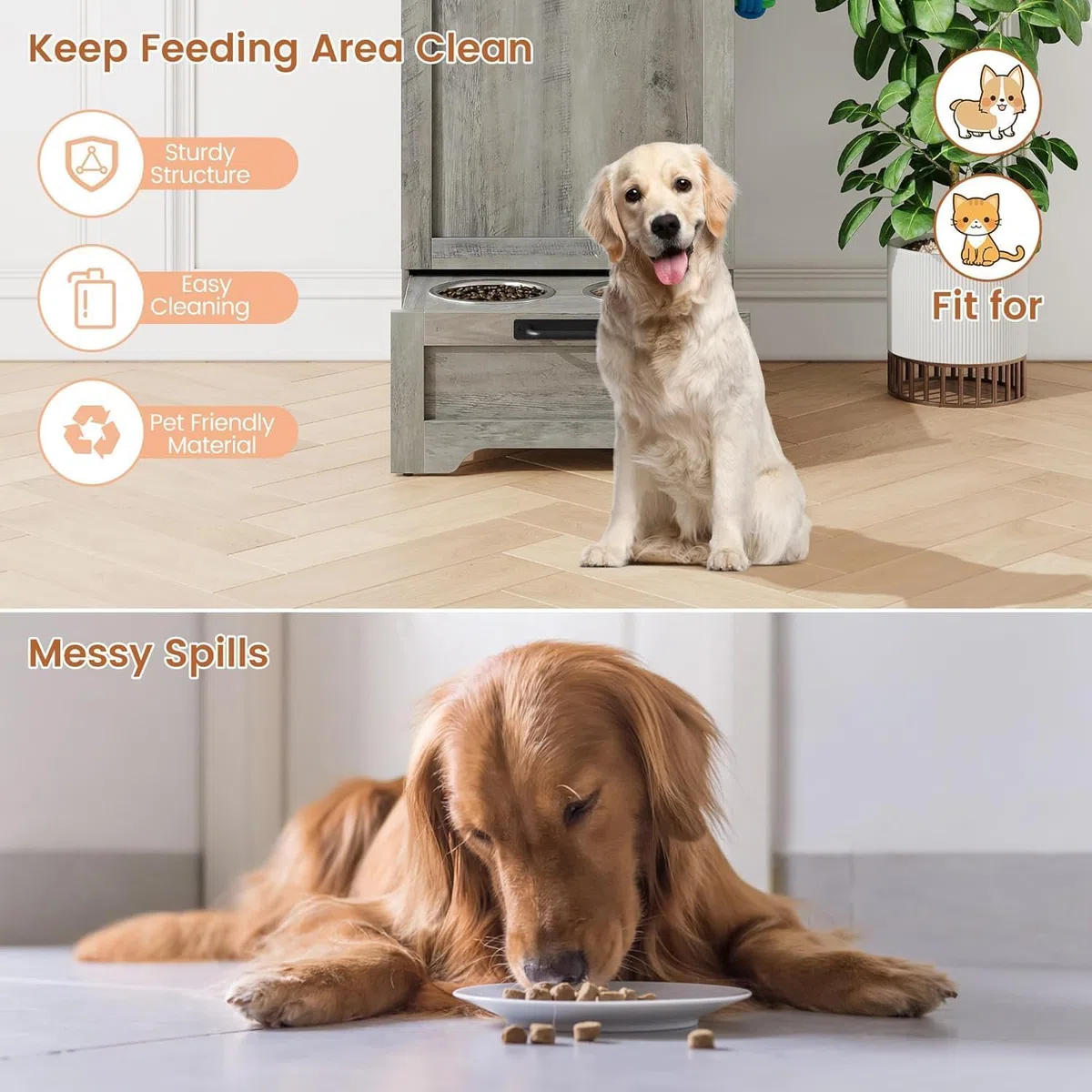 IDEALHOUSE Estación De Alimentación para Perros con Armario De Almacenamiento 11kg - Cuencos Elevados De Acero Inoxidable y Depósito Hermético con Tapa Abatible - Madera para Salón o Cocina (Gris)