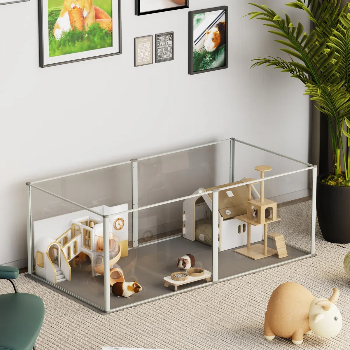 BingoPaw Jaula para Animales Pequeños Parque Paridera Conejos Hamster con Suelo de PVC Impermeable Accesorios Cobayas Casa Mascotas Interior Corral Cerca Transparente Acrílico con Marco Alumnio