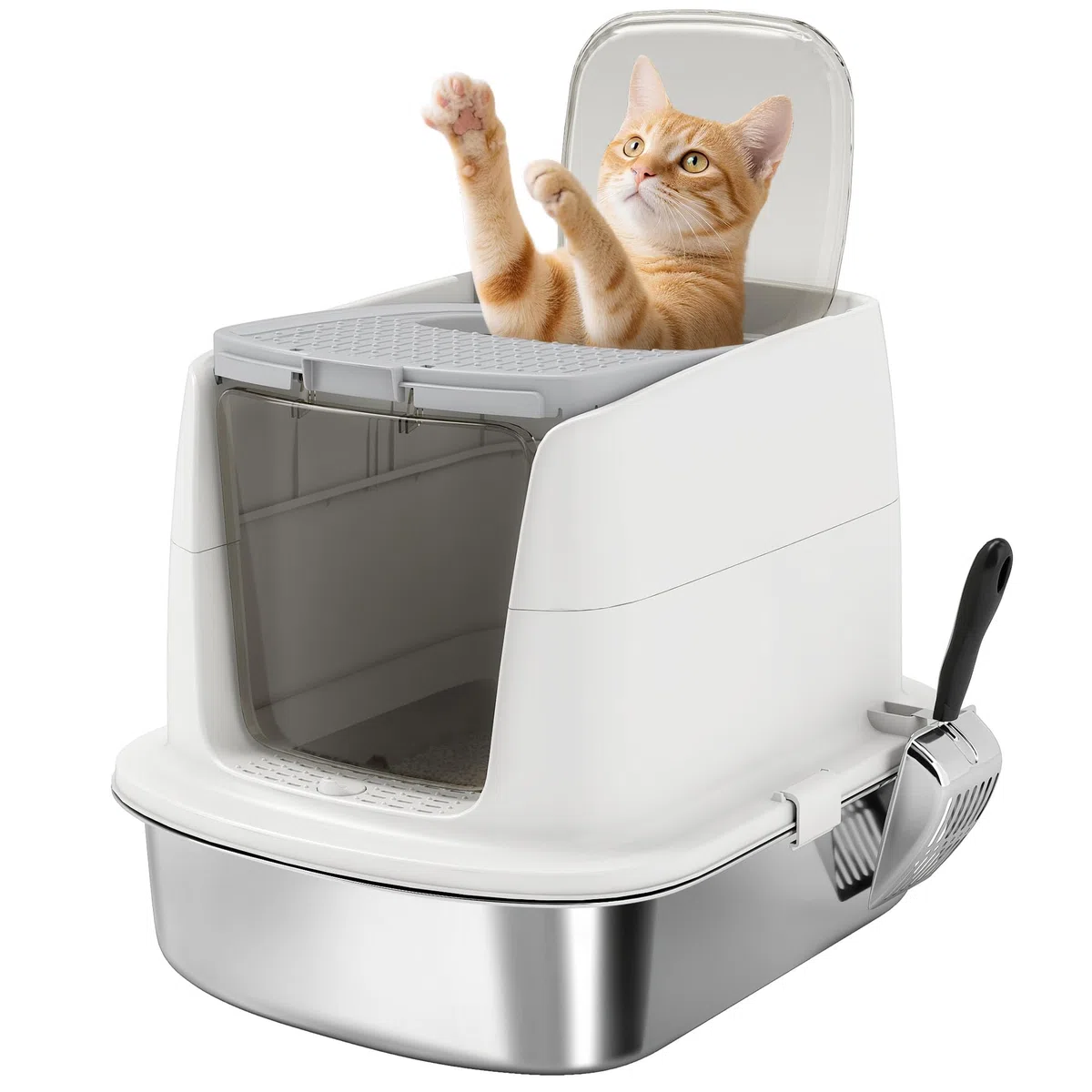 PawHut Arenero para Gatos de Acero Inoxidable L con Tapa Abatible Blanco | Caja de Arena para Gatos, Pala Metálica, Bolsa Desodorizante, Fácil de Limpiar, Antifugas