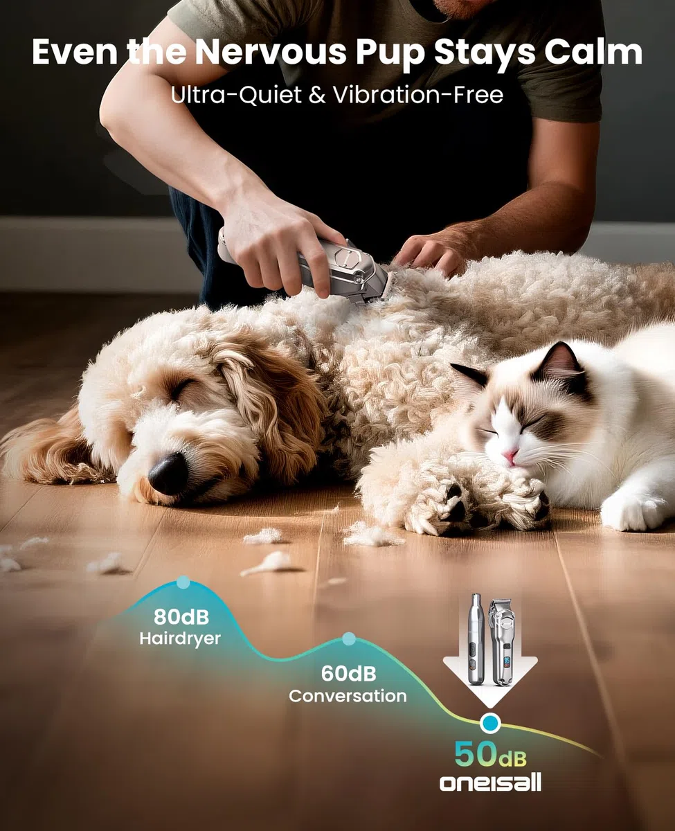 oneisall Cortaúñas para perros para el aseo de pelos gruesos, kit de aseo de perros de bajo ruido, impermeable, 3 velocidades, molinillo de uñas inalámbrico para mascotas, recortador de patas de perro