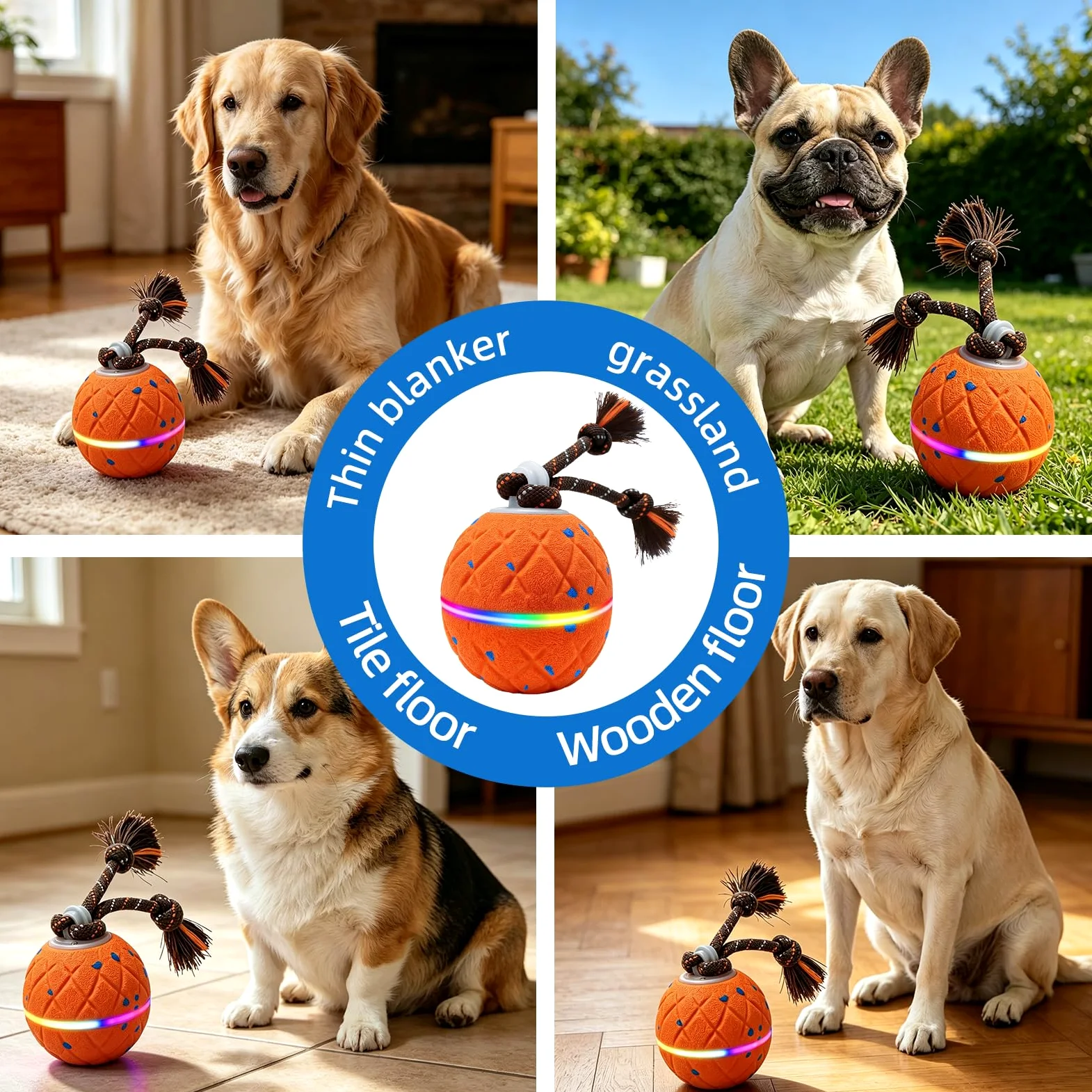 Pelota Interactiva para Perros - Wicked Ball Rolly con Cuerda y Ladridos, Juguete Interactivo Inteligente para Perros con 2 Modos de Juego, E-TPU, USB-C Recargable, Luces RGB, Adecuado para Perros