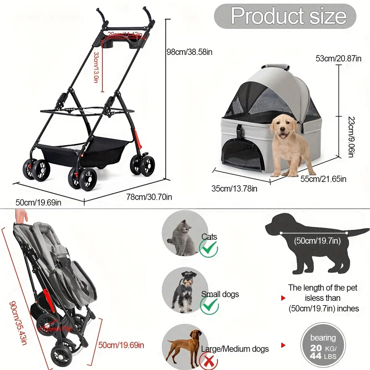 Carrito para Perros y Gatos 3 en 1 Plegable, hasta 20 kg