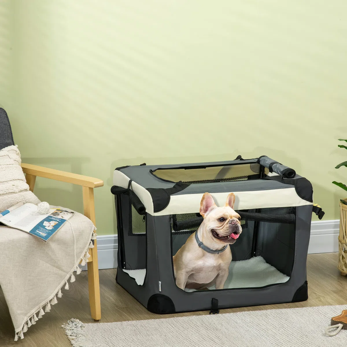 PawHut Bolsa de transporte plegable para mascotas de 70 cm, caja de viaje suave, transportador portátil para gatos con cojín, para gatos y perros pequeños, gris
