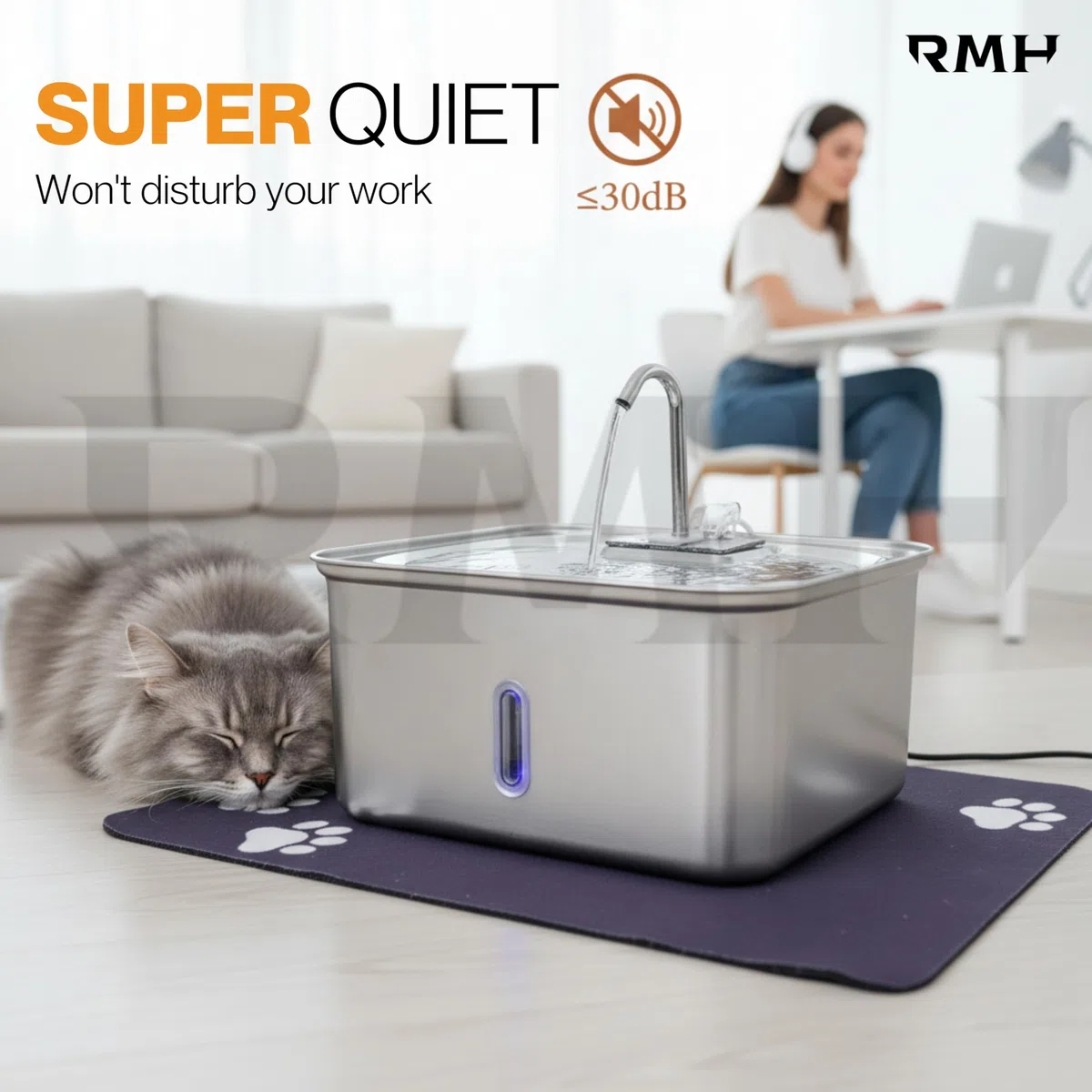 Fuente de agua para mascotas de acero inoxidable de 7 litros, dispensador de agua automático ultrasilencioso para gatos y perros con doble filtro, alfombrilla antideslizante impermeable y gran