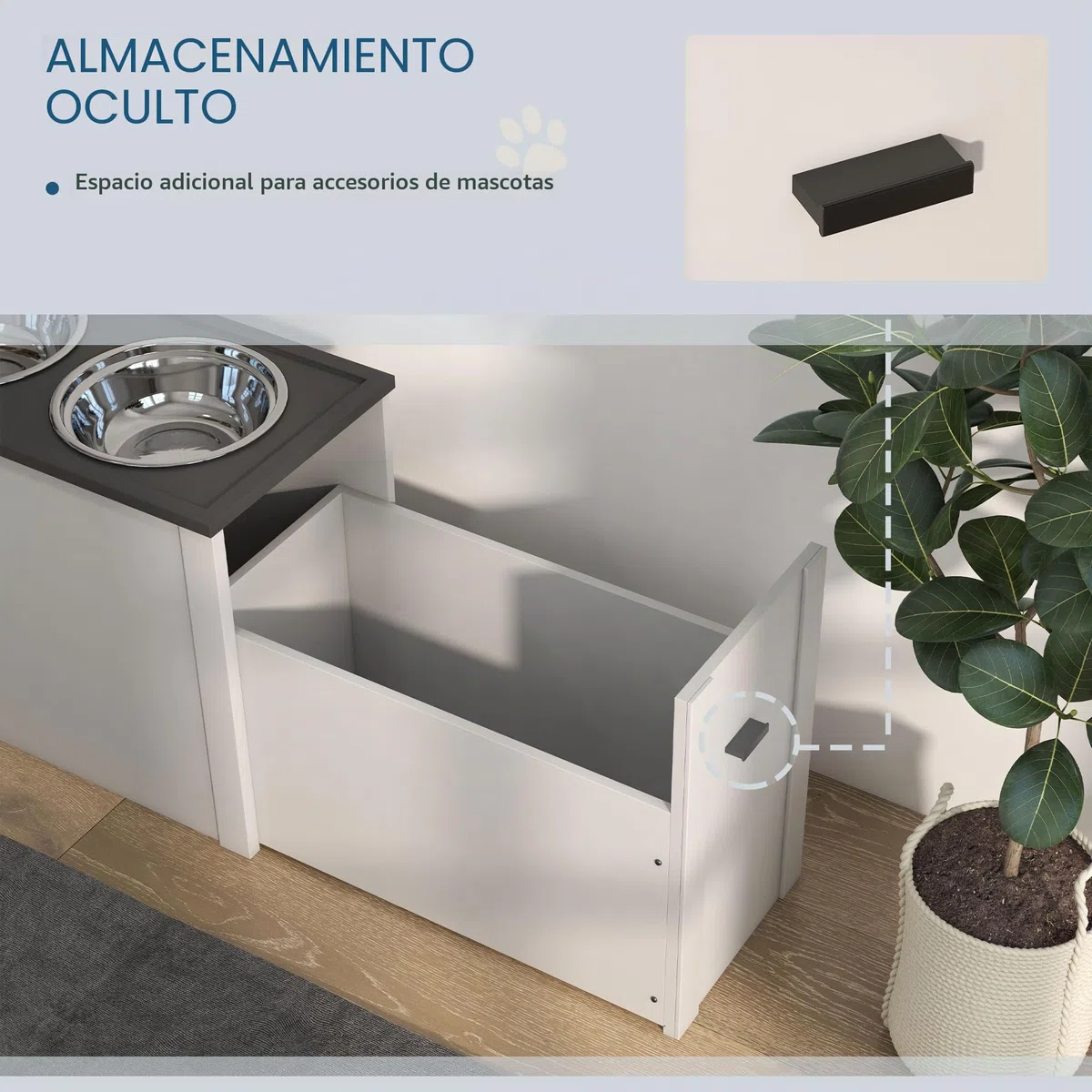 Comedero para perros PawHut, estación de alimentación para perros con espacio de almacenamiento, bebedero, soporte para comederos con cuencos de acero inoxidable de 2 litros, soporte para comederos de | Cuenco para agua, 2 cuencos de acero inoxidable de 2