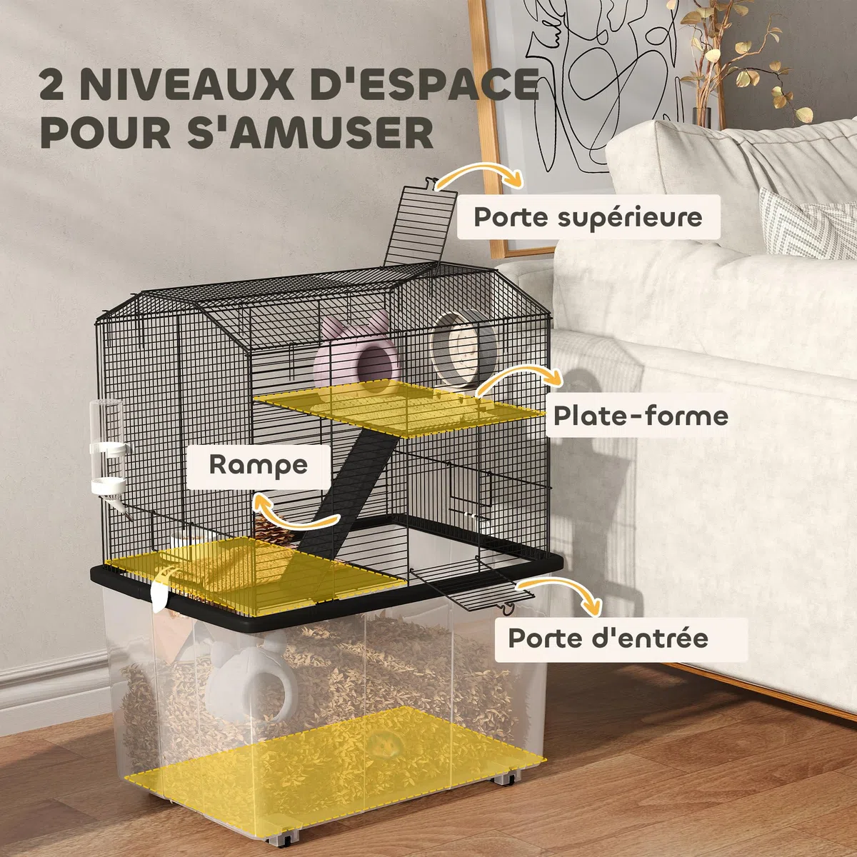 PawHut Cage Hamster, jaula roedor, 3 pisos, con ruedas, 2 plataformas y 2 escalera, C, alambre de acero, 57 x 43 x 74 cm, negro