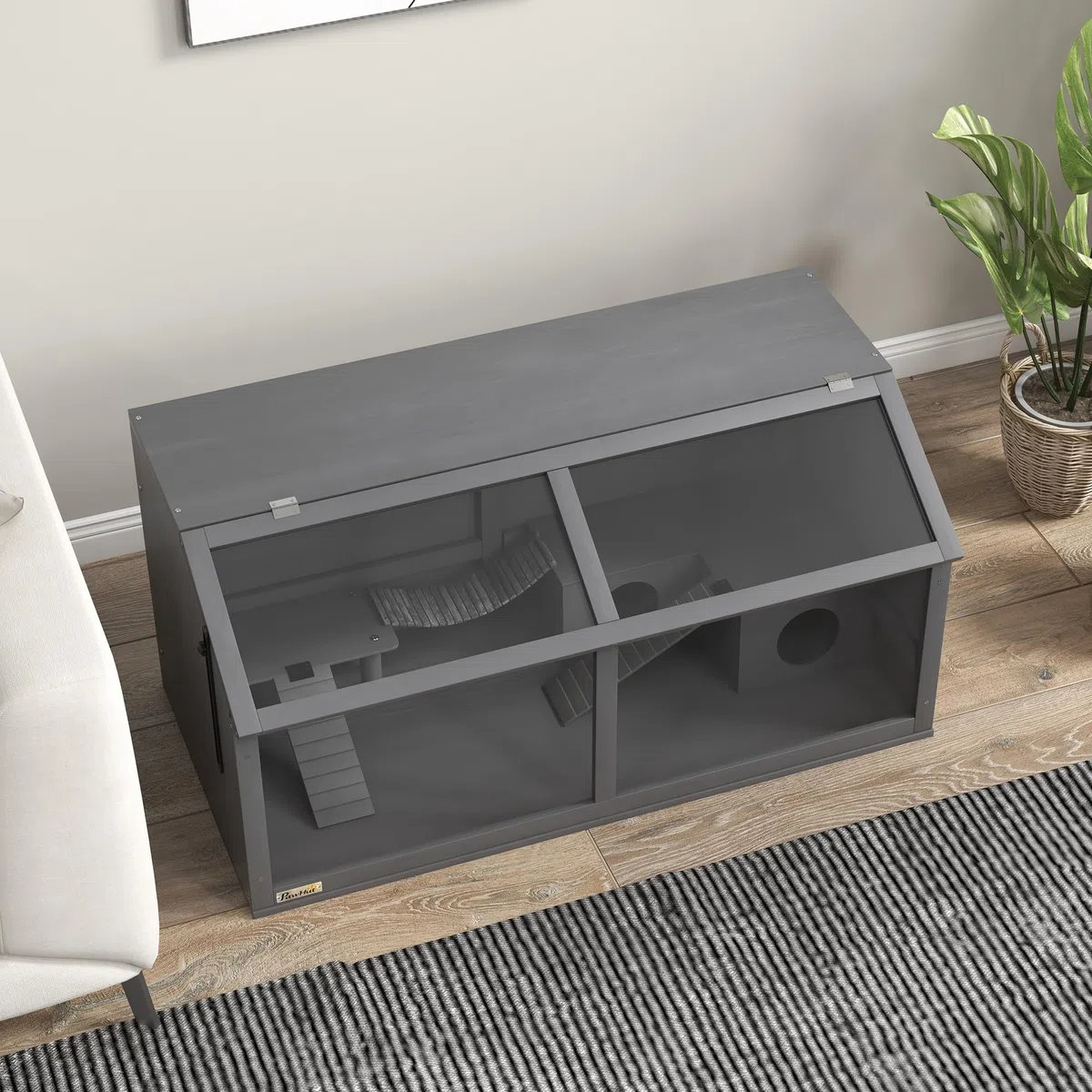 Jaula de Madera para hámster PawHut, caseta para roedores de 100 cm, casita para Animales pequeños, casita de Juegos con Puente Colgante, escaleras, Techo practicable, caseta, Gris Oscuro
