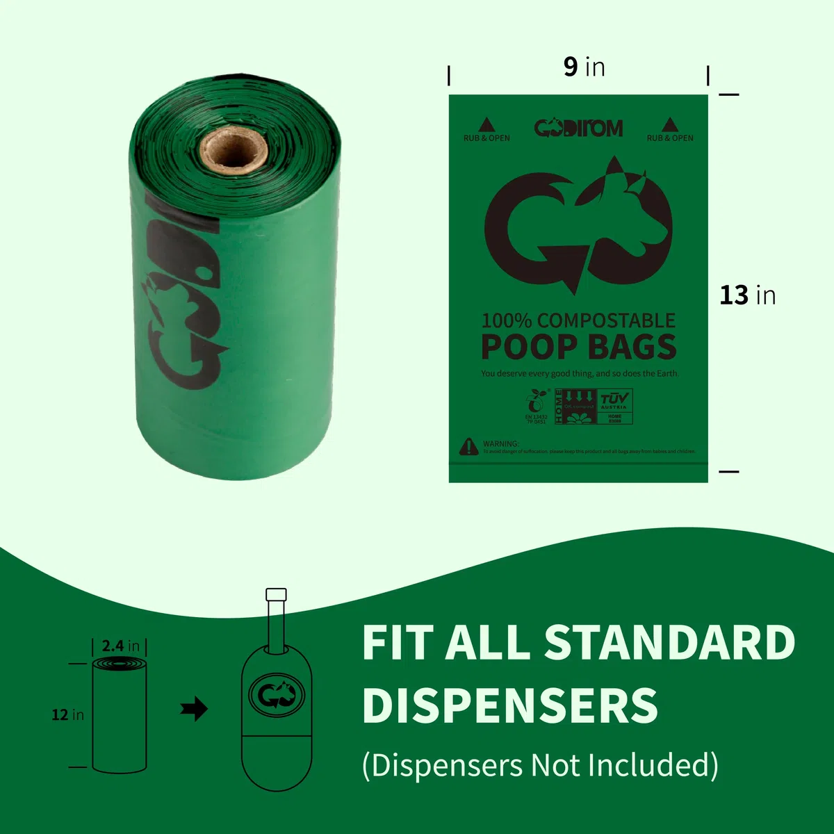 Bolsas certificadas 100% compostables para excrementos de perros, 270 unidades garantizadas a prueba de fugas y 20% extra gruesas, 18 rollos de bolsa para excrementos de perro, sin perfume,