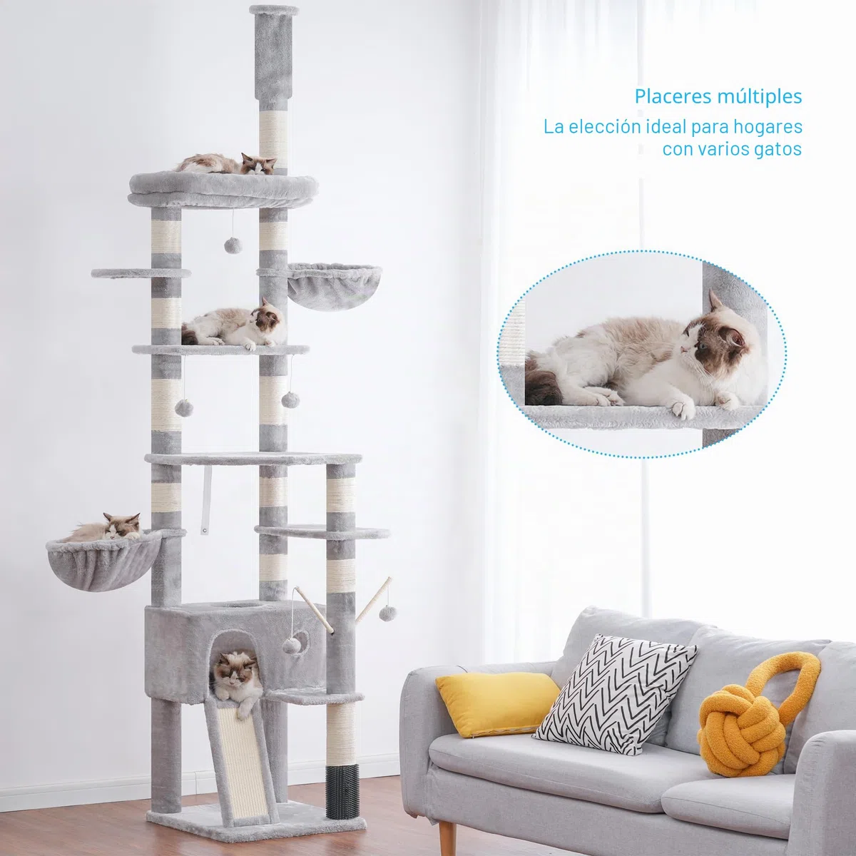 Hey-brother Rascador para Gatos XXL, Altura Ajustable, 250 cm-280 cm, Que llega hasta el Techo, Torre para Gatos Grandes, con Cueva, Gris Claro 0MPJ091W
