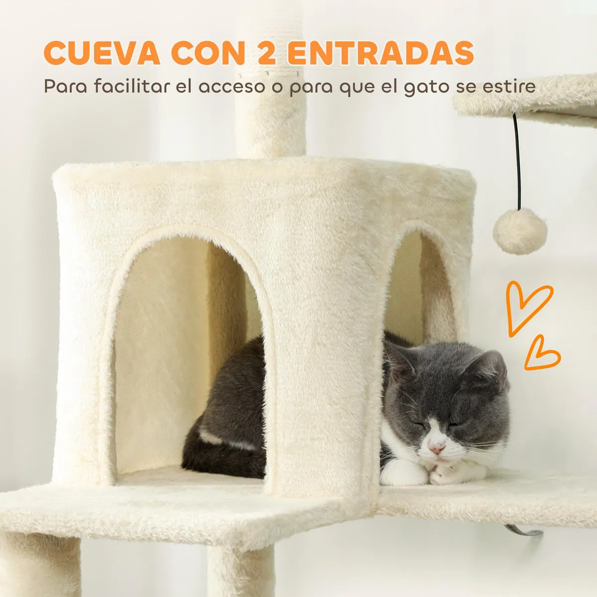 PawHut Árbol Rascador para Gatos 202 cm con 2 Cuevas Beige | Árbol para Gatos, Torre Escalador, 2 Hamacas, 6 Postes de Sisal, 3 Bolas, Cuerda para Jugar