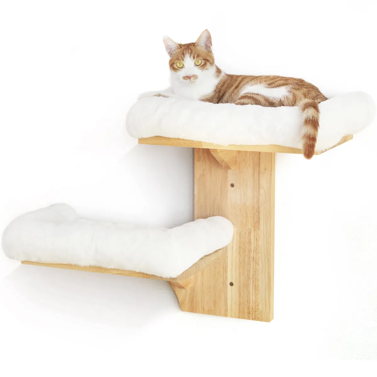 FUKUMARU Estantes de pared para gatos, 2 plataformas, muebles de pared para gatos, estante flotante en forma de árbol con cojín suave, percha de madera maciza para gatos de 16 pulgadas, apto para