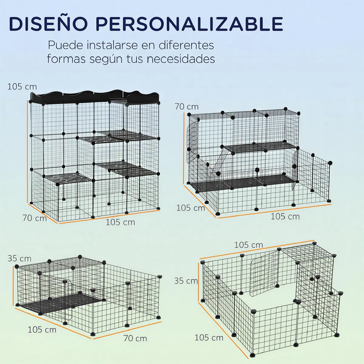 PawHut Jaula para Animales Pequeños 40 Paneles DIY 105x70x116 cm Negro | Parque para Mascotas, Valla Metálica, para Conejos Cobayas Gatito