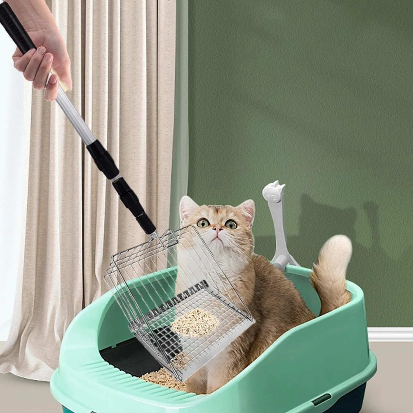 Pala para Arena de Gato, Gato con Pala Profunda, Mango Largo, tamiz de excrementos for el hogar, Personas Mayores, Cuidado Mascotas, Espacios reducidos