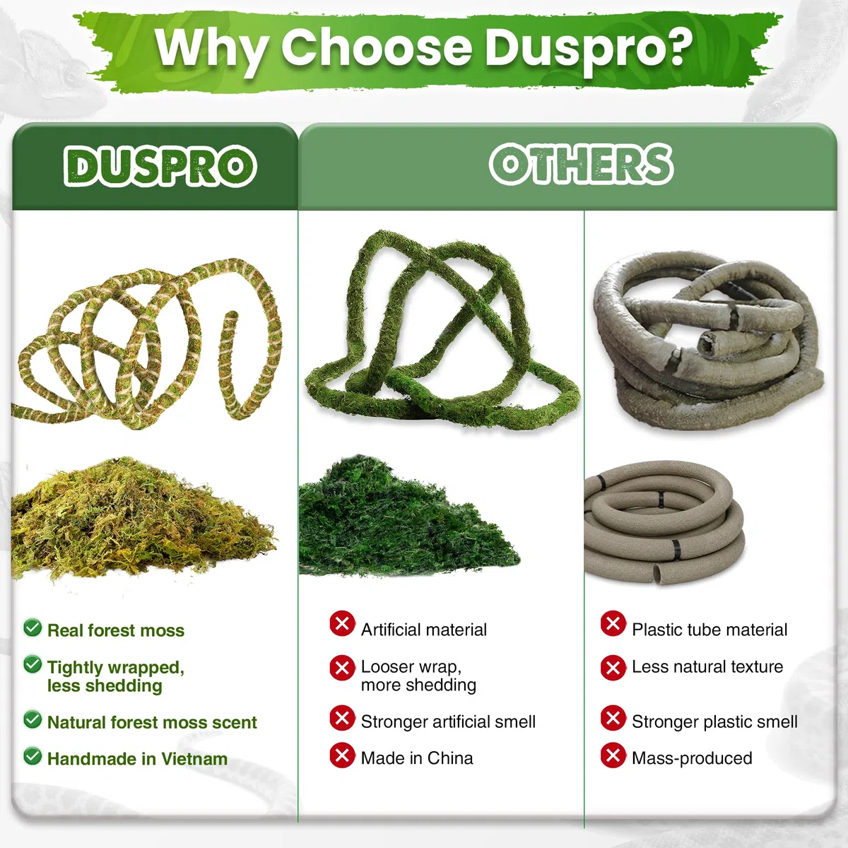 Duspro Vides de reptiles de 10 pies para trepar ramas flexibles para reptiles, cuerda de musgo natural, decoración de selva para dragón barbudo, accesorios de tanque de camaleón, terrario de