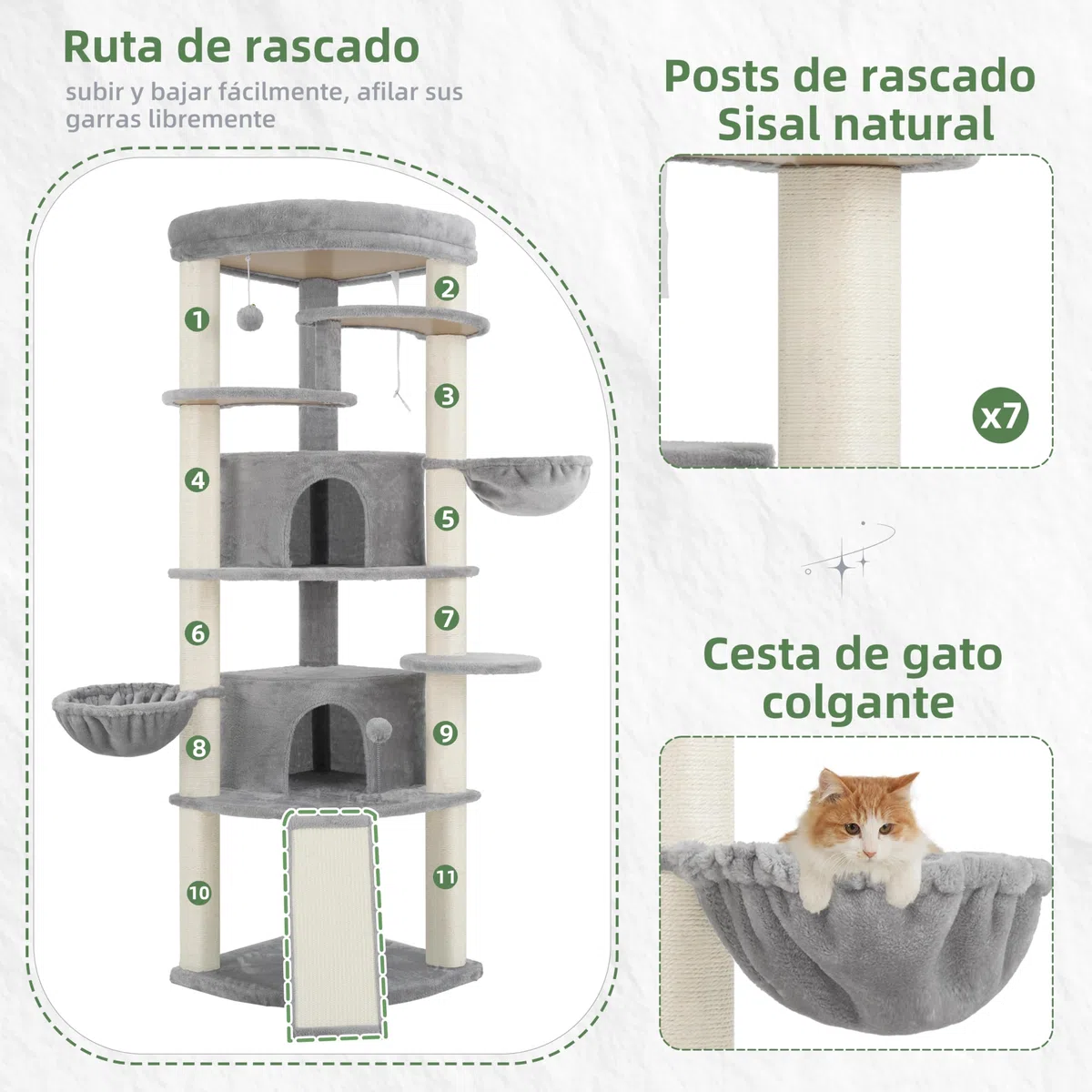 Gitelsnour Rascador para Gatos de rincón Interior, árbol para Gatos multinivel con Posts de rascado Sisal Natural, 2 Cuevas, Grandes Plataforma, 2 Canasta Colgante para Gatos, Gris Claro GCT035W