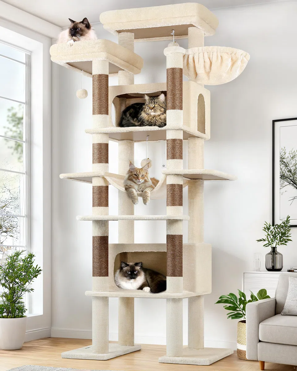 Globlazer Árbol Rascador para Gatos Beige Grandes XXL Alto 213 cm con 2 Grande Nidos 50*30*30CM, 2 Plataformas, Percha, Cesta, Lujo Estable Torre Gato Multinivel para Vario Gatos Adultos (F83B, Beige)
