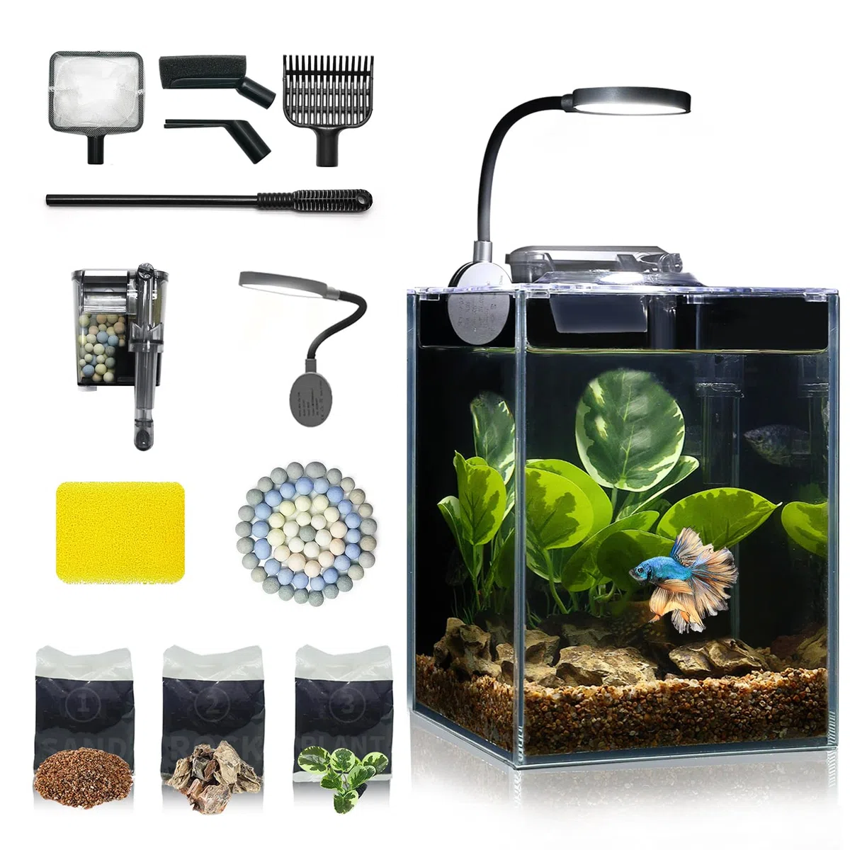 Desktop Betta Kleines Aquarium Glasaquarium 5 Liter Komplettset 15x15x20, Selbstreinigendes Filtersystem, Helles LED-Licht, Kies, Pflanze, Reinigungswerkzeug, Starter-Set für Kleine Räume