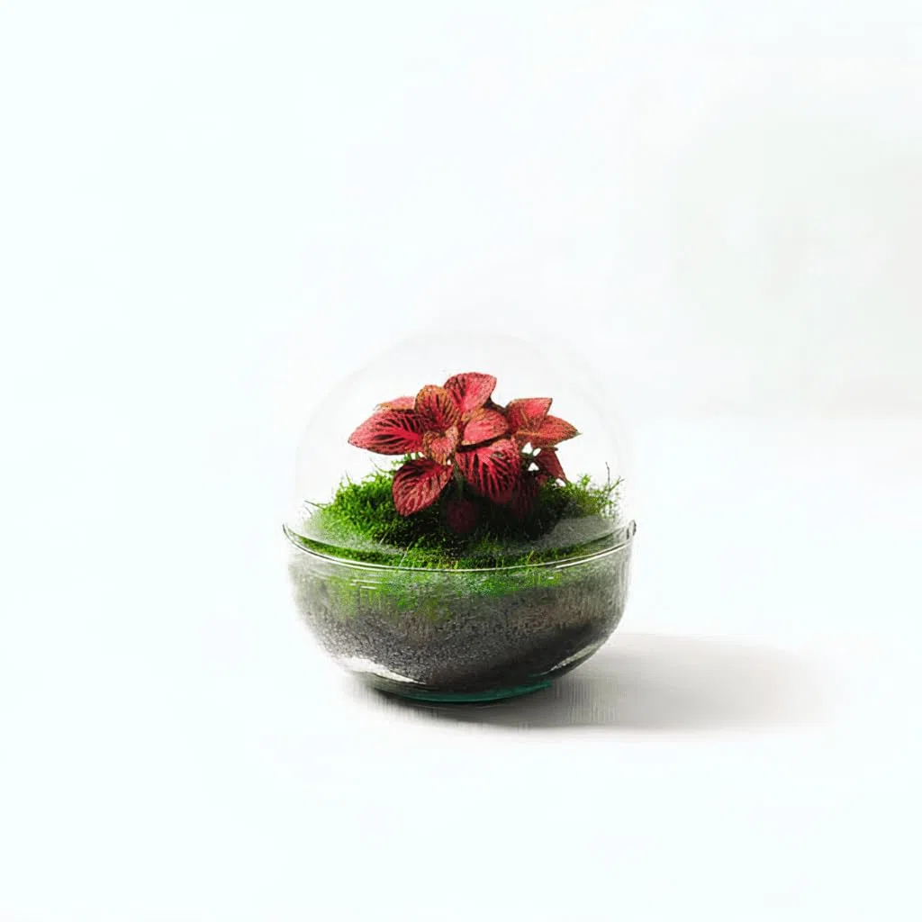 Terrario Plantas Cristal - Micro Cúpula con Fittonia | Jardin Eterno en Cristal o Ecosistema Cerrado | Ideal para Decoración Hogar | Terrarios Autónomos | Pequeño, 12 cm x 12 cm