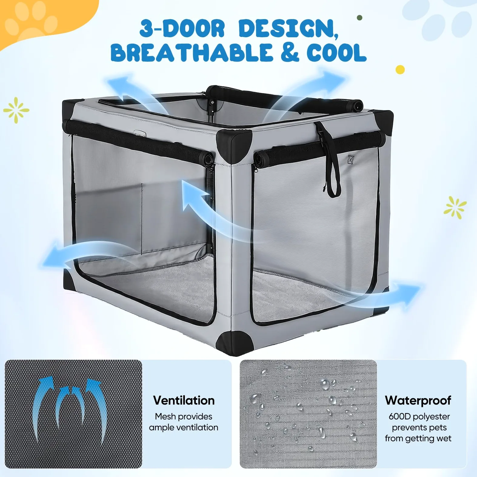 Transportin Perro Grande Plegable 81,5x59x59 cm para Coche con Malla | Transportin perro de Oxford 600D con colchón extraíble, plegable y transpirable para coche, viajes y hogar
