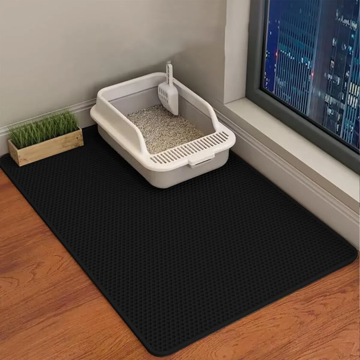 Alfombrilla grande para arena de gatos, fácil de limpiar, doble alfombrilla para arena (15.75 x 19.77 pulgadas, negro)