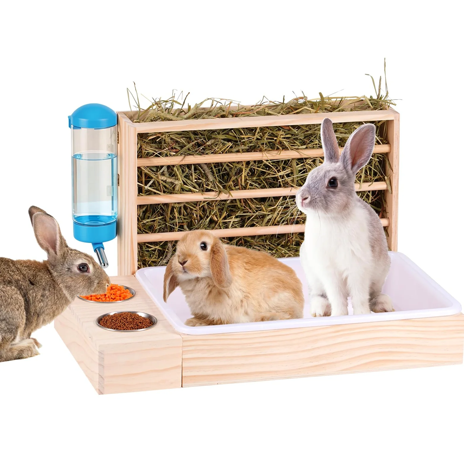 Comedero de heno grande 3 en 1 con bandeja de arena para gatos, alimentador automático de madera con 2 cuencos para conejos, cobayas, chinchilla, otros animales pequeños