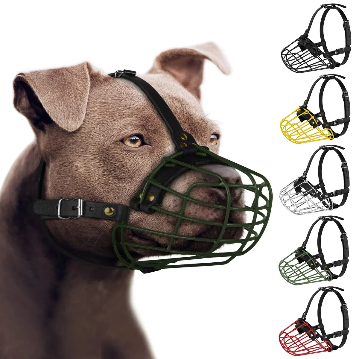 Pitbull - Bozal para perro, máscara de metal, cesta de alambre segura, correas de cuero ajustables y duraderas para perros grandes (verde)