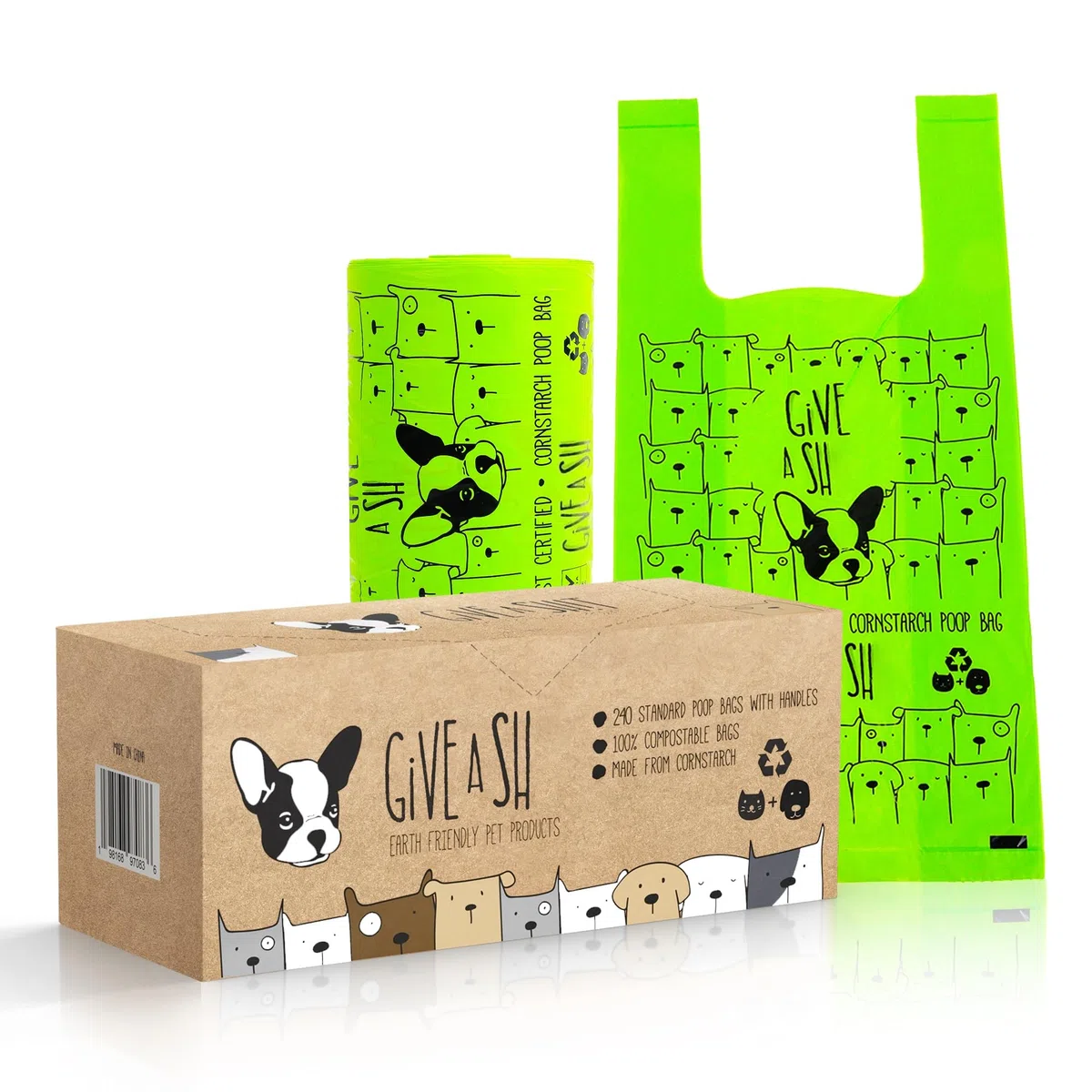 Bolsas compostables para excrementos de perro 100% certificadas para el hogar con asas – 10% a la caridad – Bolsas grandes para excrementos de perro compatibles con ASTM D6400 y EN 13432 – 240 bolsas